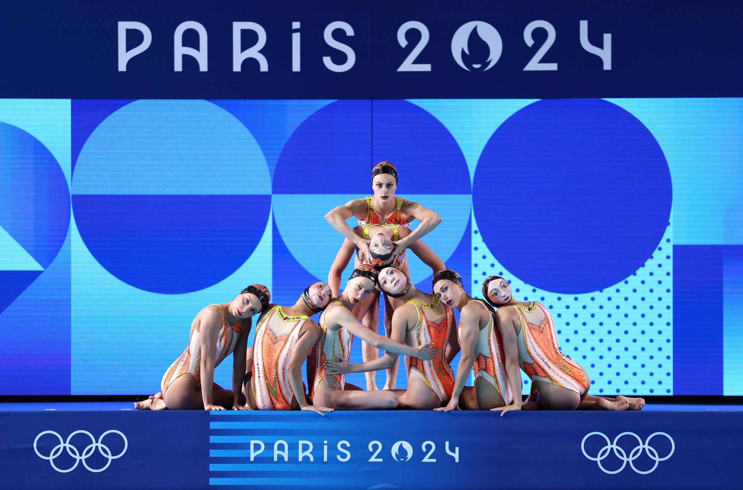 France compete in the artistic swimming team free routine at the Paris 2024 Olympics