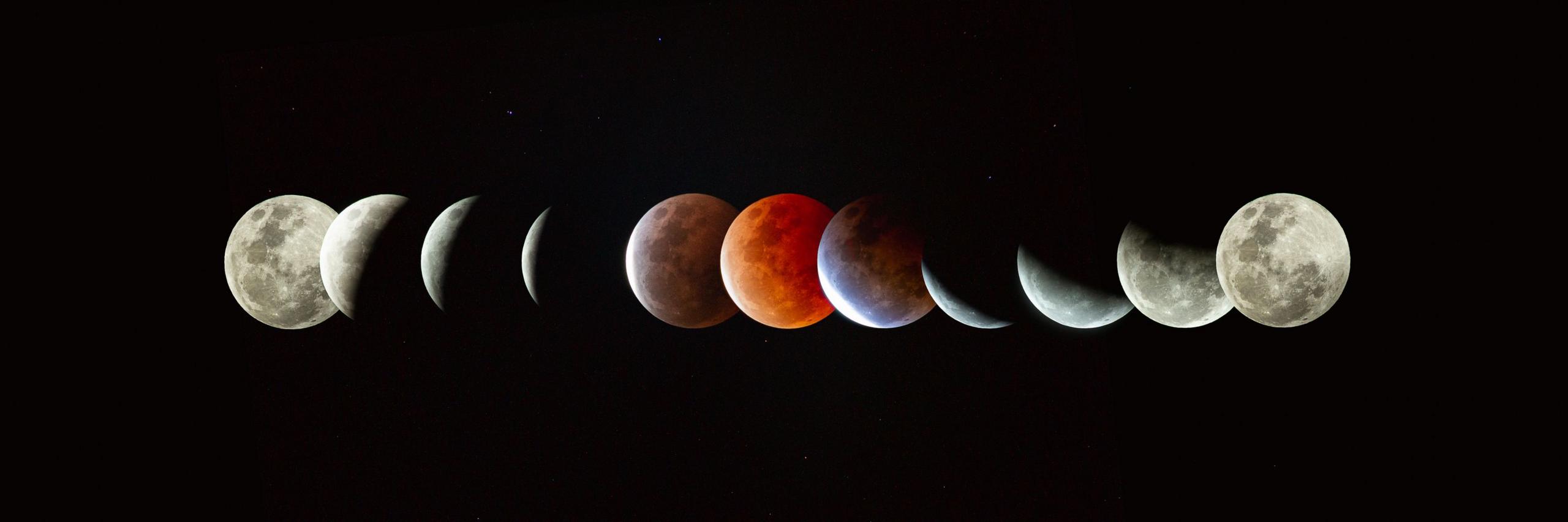 Sequence of what the Moon looks like during a total lunar eclipse.