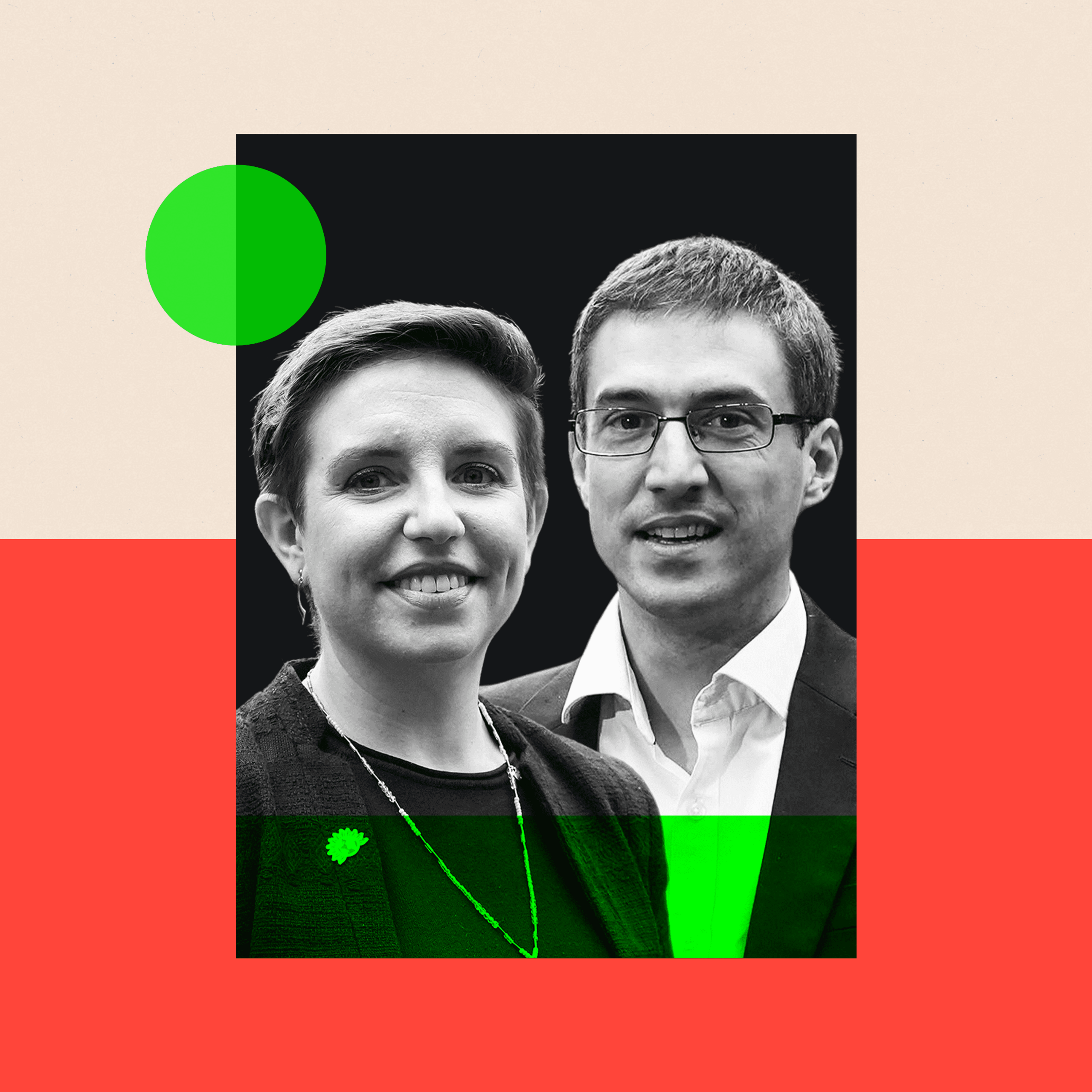 A graphic of Green Party co-leaders Carla Denyer and Adrian Ramsay