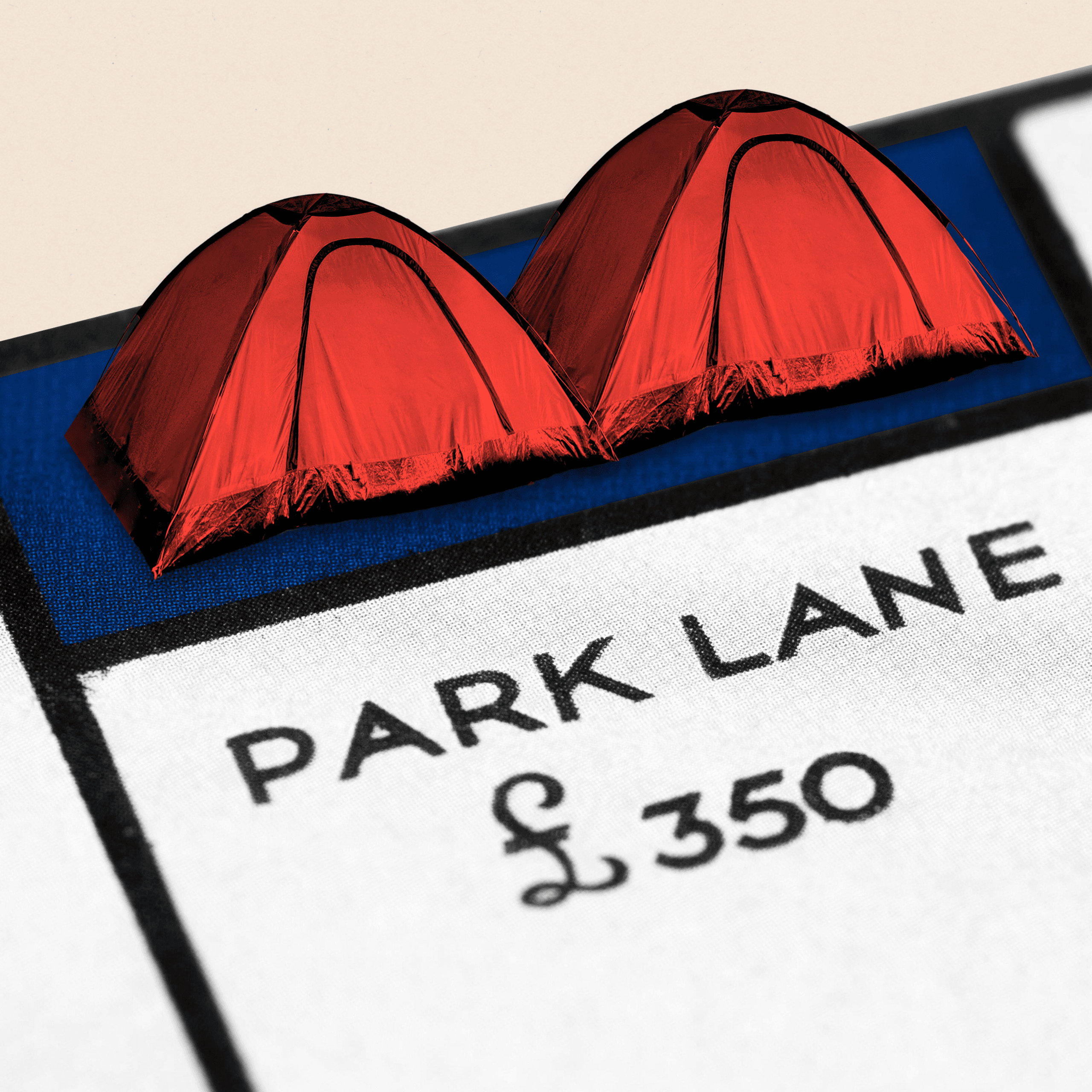 Montage image showing two tents sitting on Park Lane on a Monopoly board