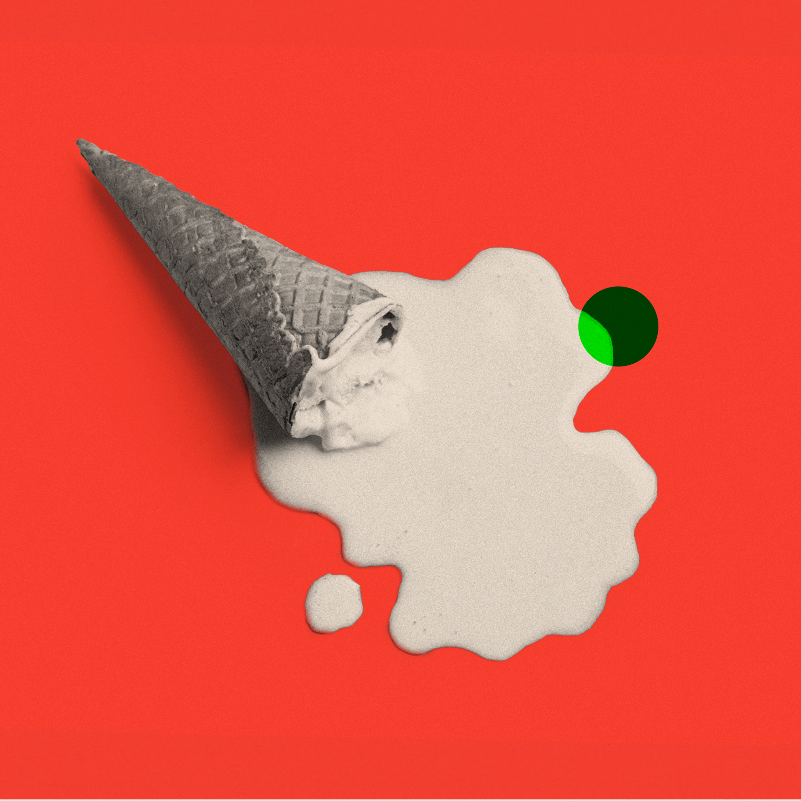 A treated image showing a black and white ice cream melting onto a red background