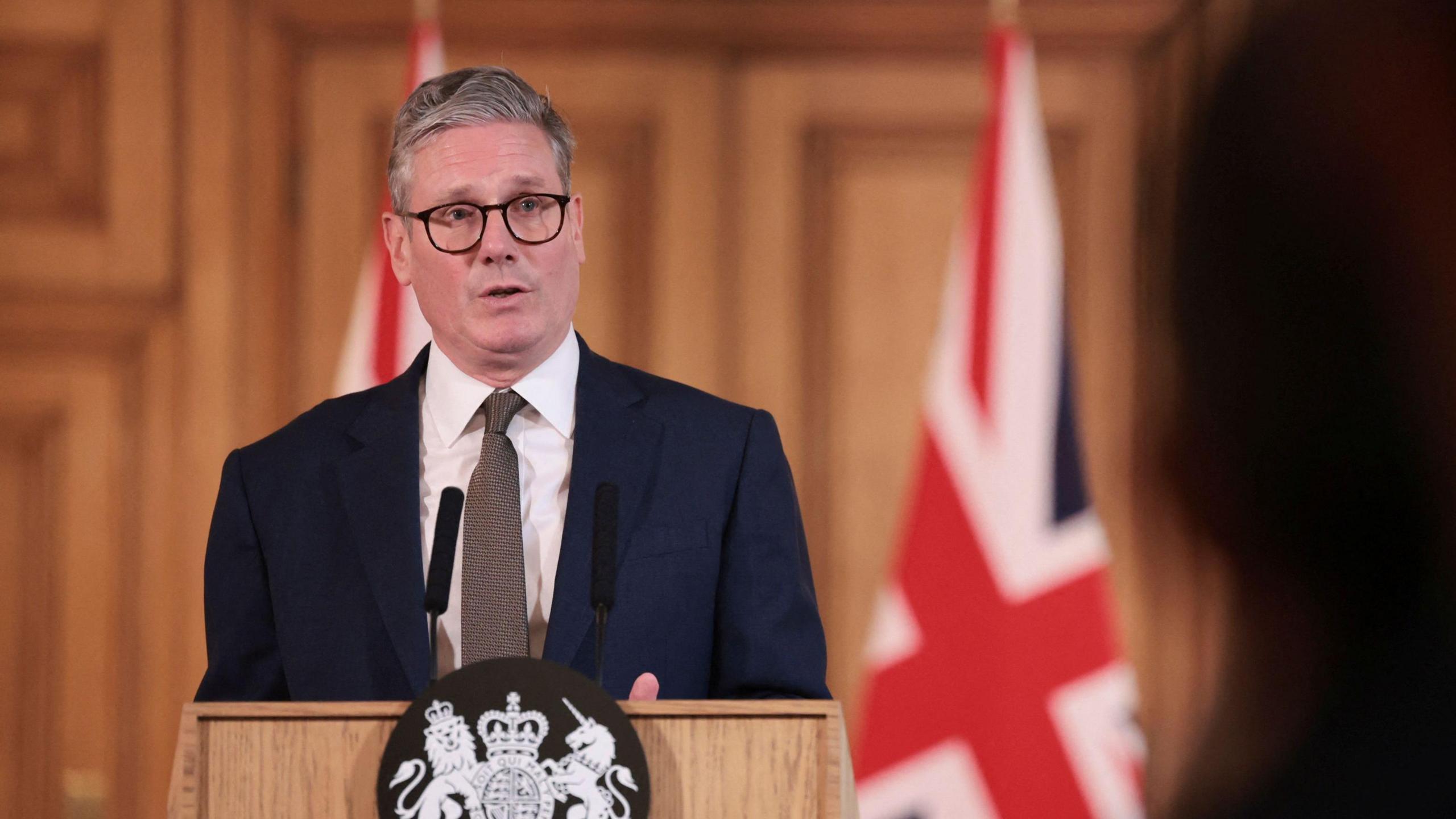 Prime Minister Sir Keir Starmer speaks during a press conference after his first Cabinet meeting at 10 Downing Street