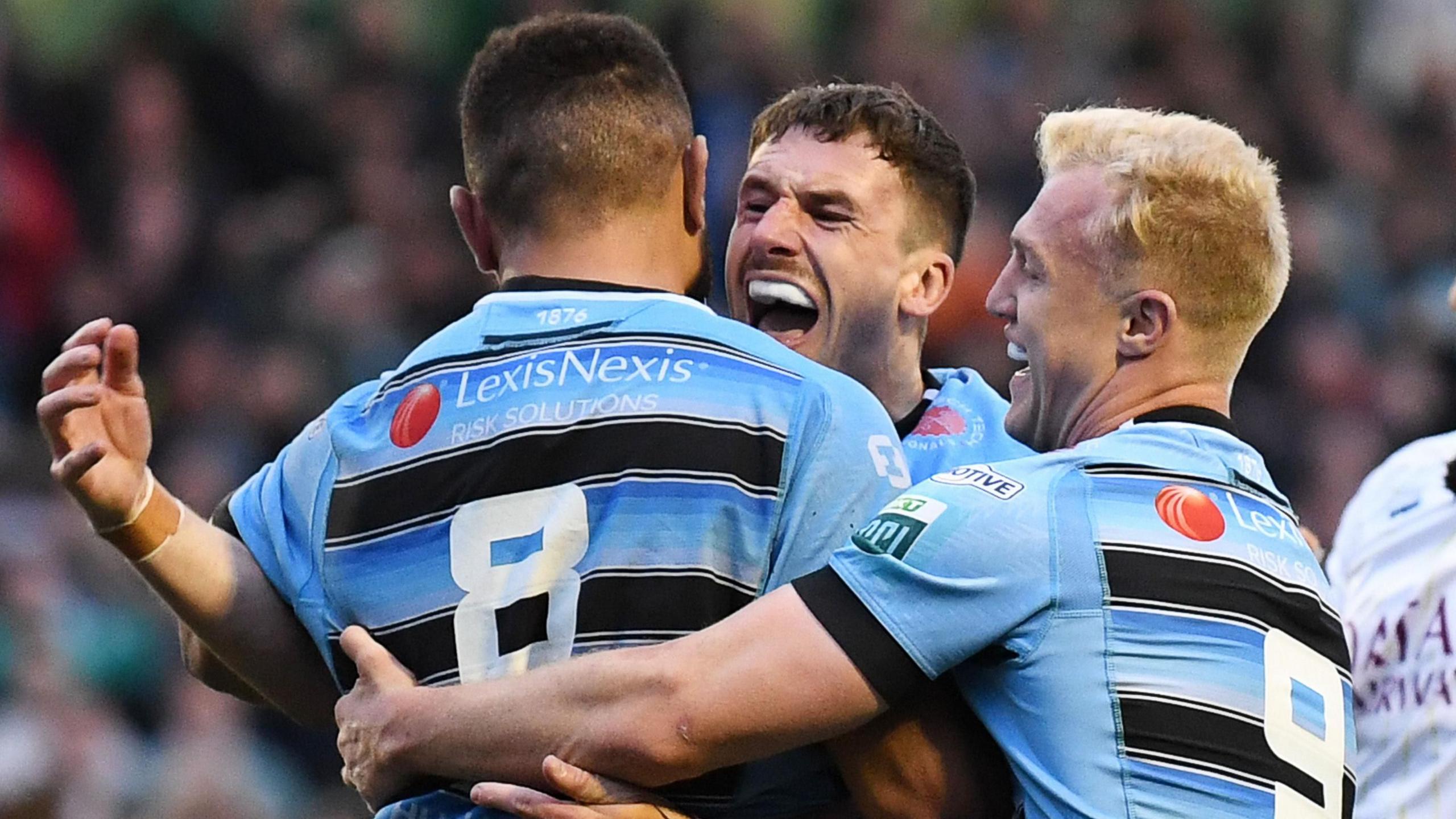 Harri Millard celebrates scoring with Cardiff team-mates