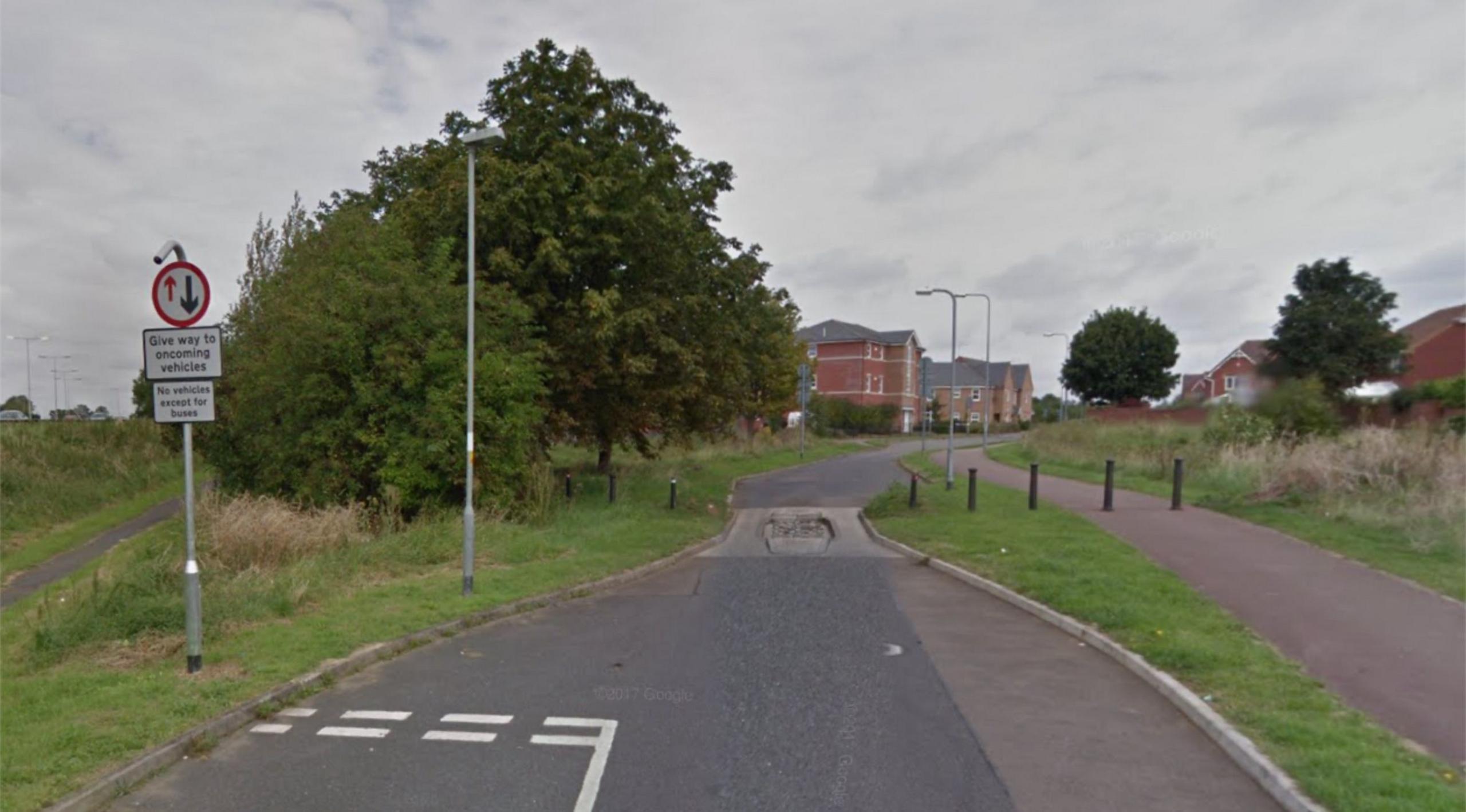 Give way lines to the left on a road which narrows.  A sign says "no vehicles except buses".  There are new houses in the distance.