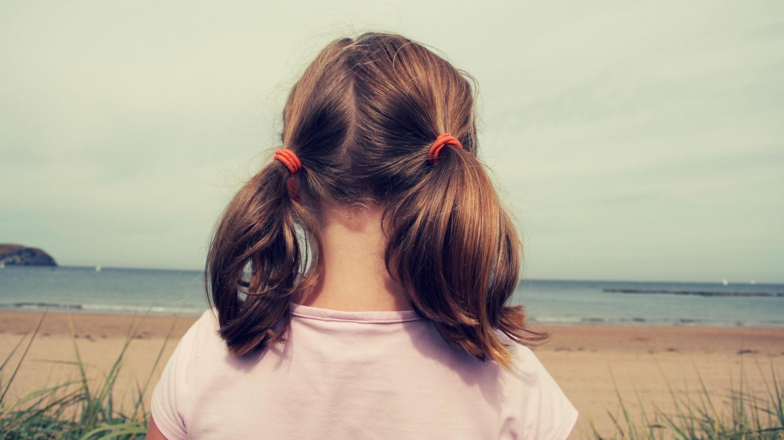 The back of a child's head. She is a little girl. She has pigtails and a pink t shirt on. 