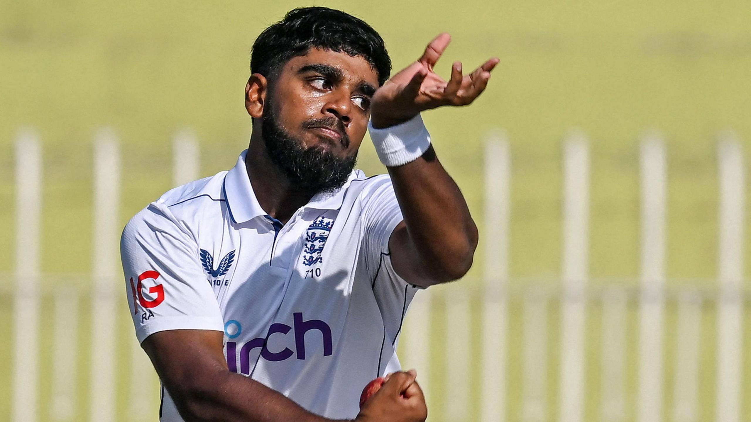 England's Rehan Ahmed bowls during the third Test against Pakistan in Rawalpindi