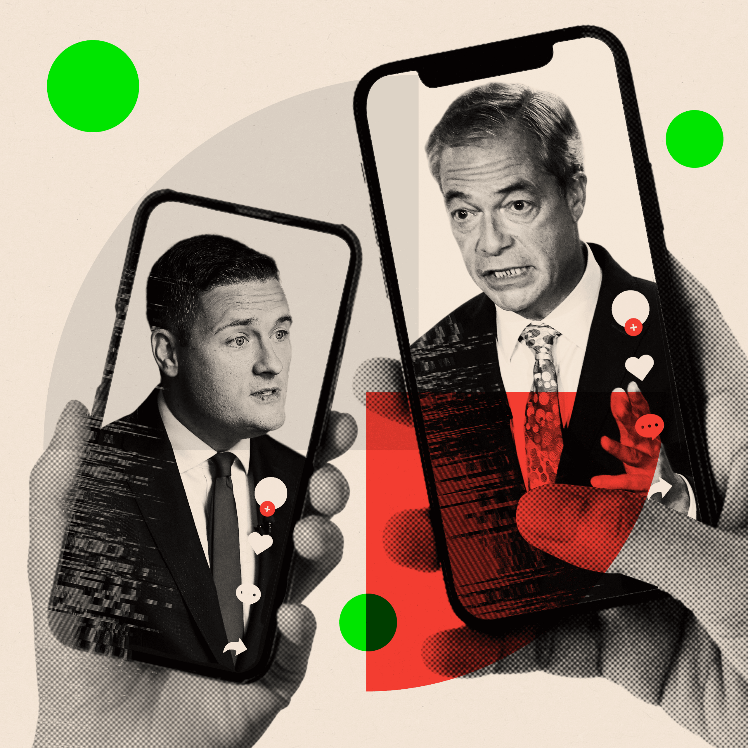 Smartphones showing the faces of Health Secretary Wes Streeting and Reform UK leader Nigel Farage