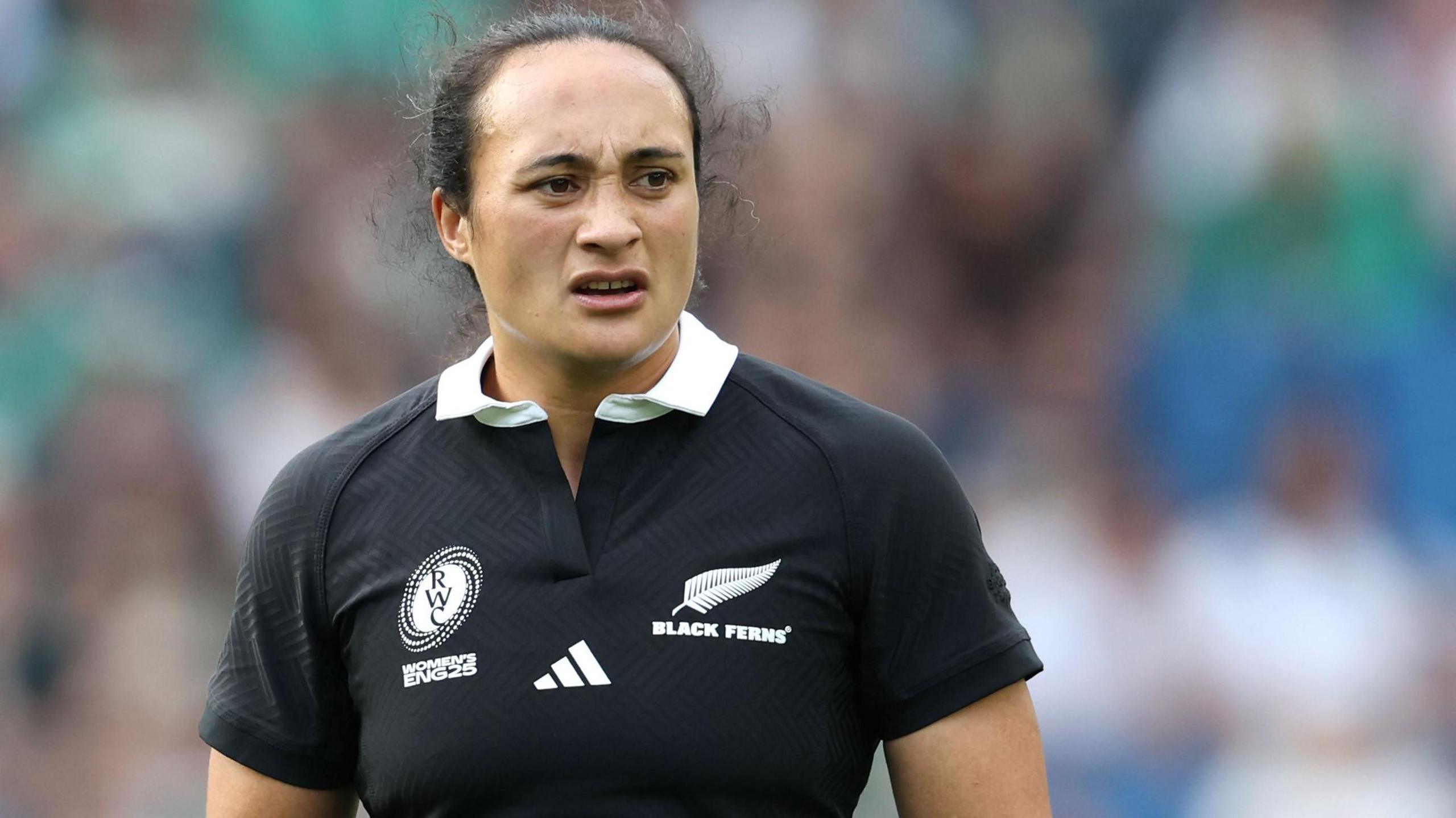 Ruahei Demant standing on the pitch during a World Cup match for New Zealand