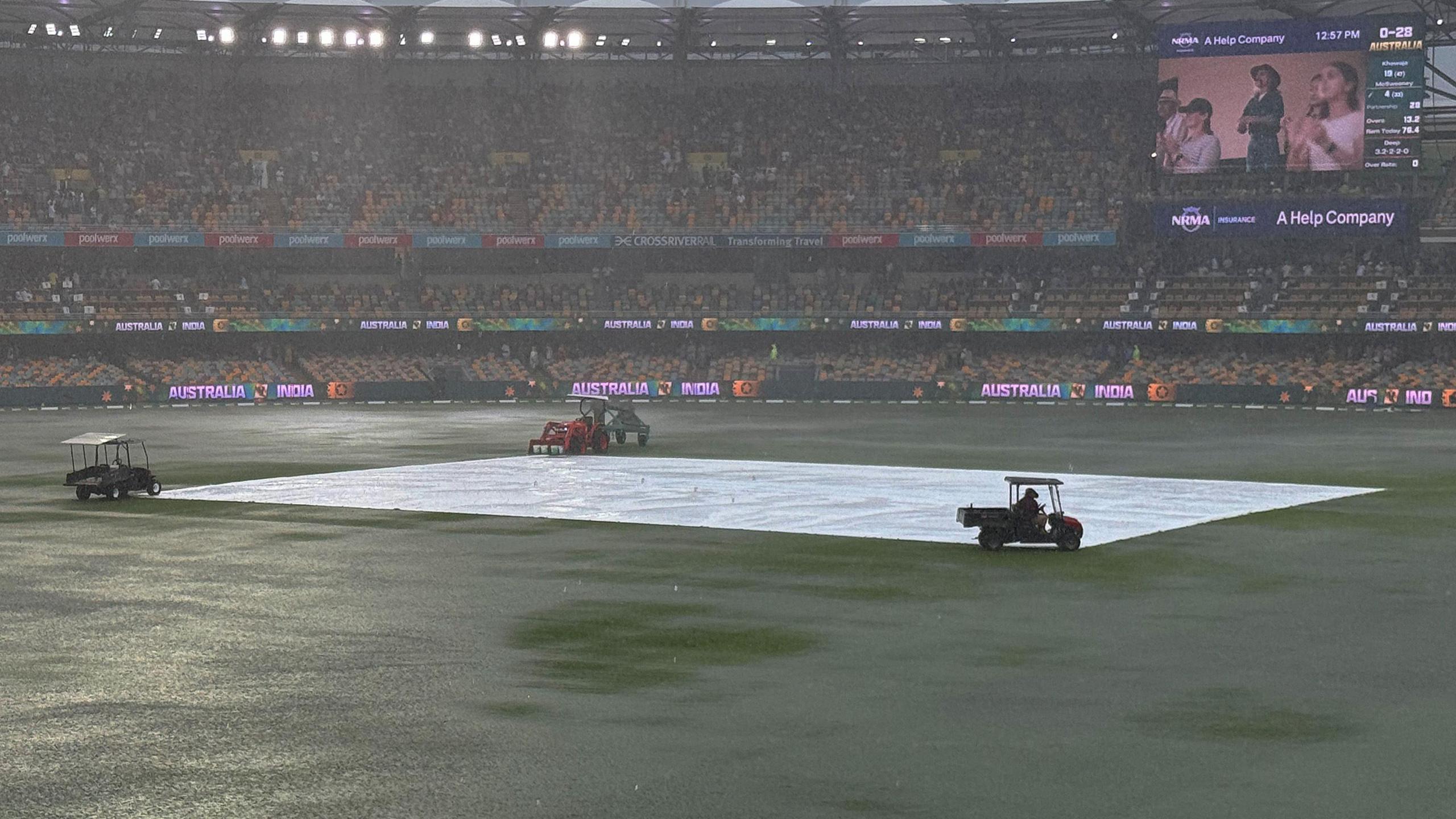 A general view of Gabba as the outfield is covered in puddles