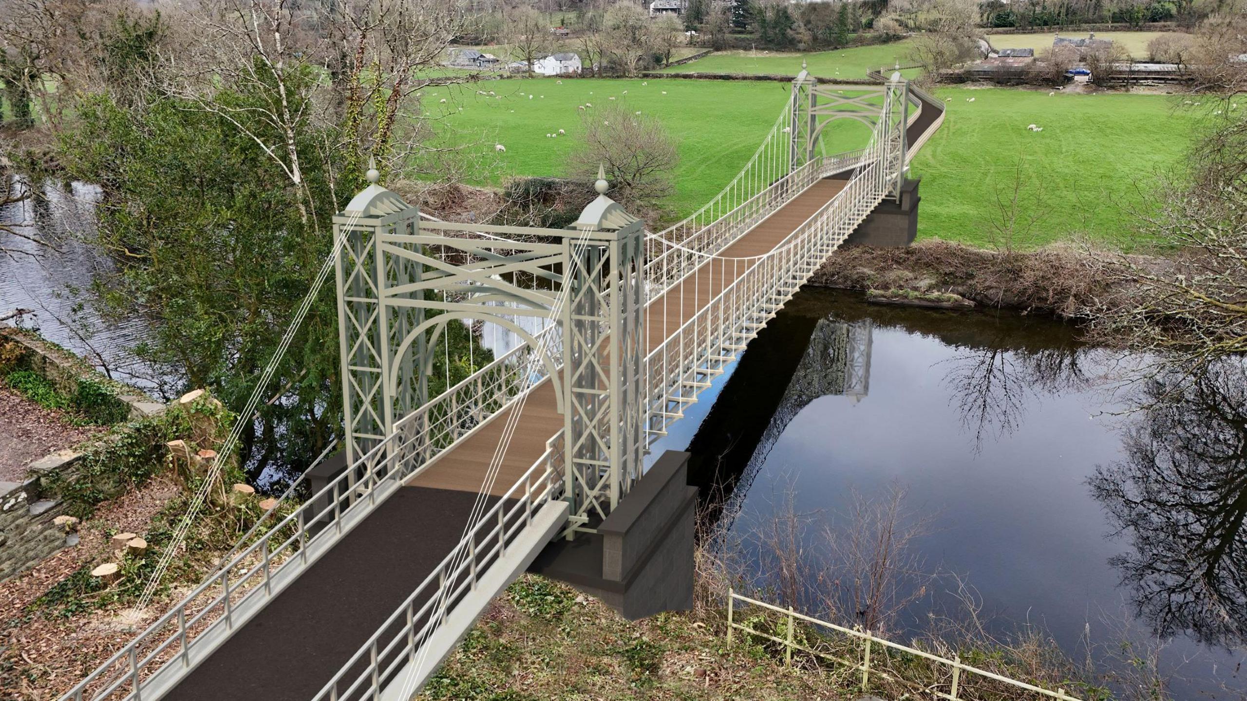 Delwedd wedi'i chynhyrchu gan gyfrifiadur o sut fydd y bont newydd yn edrych. Mae caeau gwyrdd yn y cefndir.