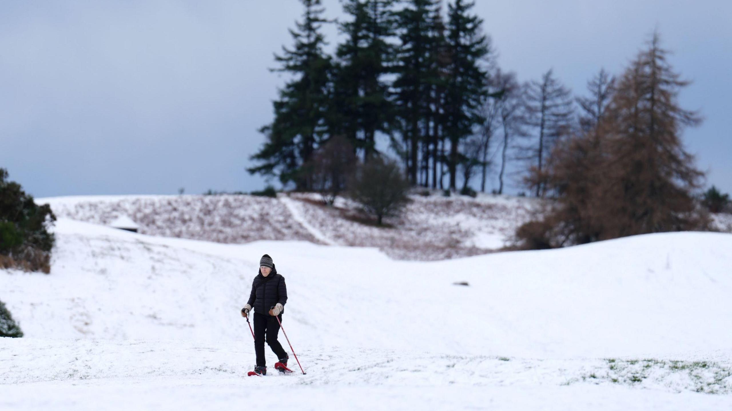 A walker goes across snowy grounds in Perthshire. They are using a walker to help themselves move around. Several trees are in the background.  