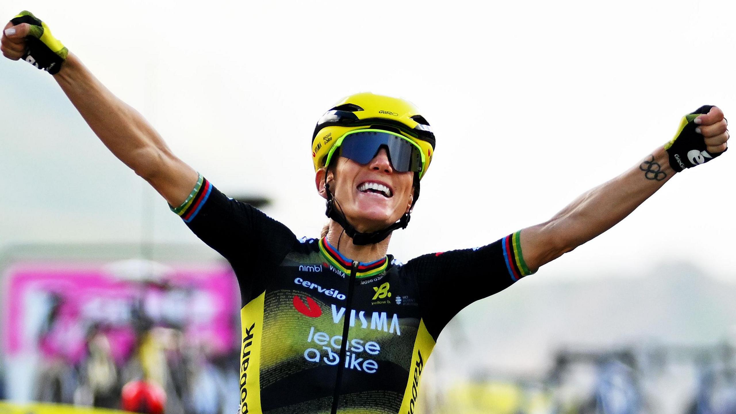 Pauline Ferrand-Prevot celebrates victory on stage eight 