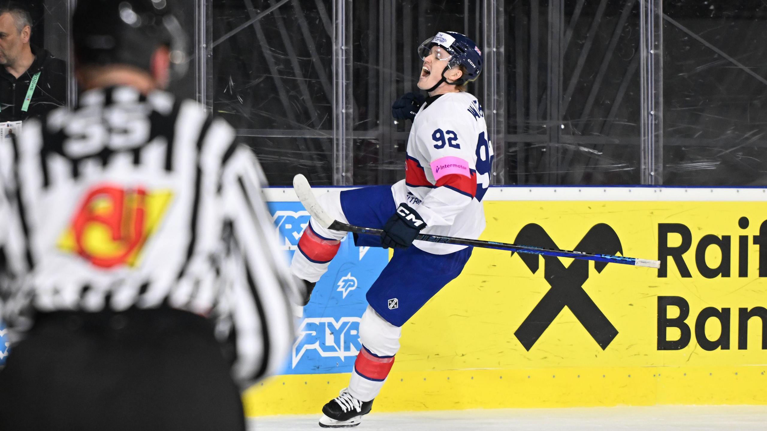 Josh Waller celebrates a goal for Great Britain ice hockey