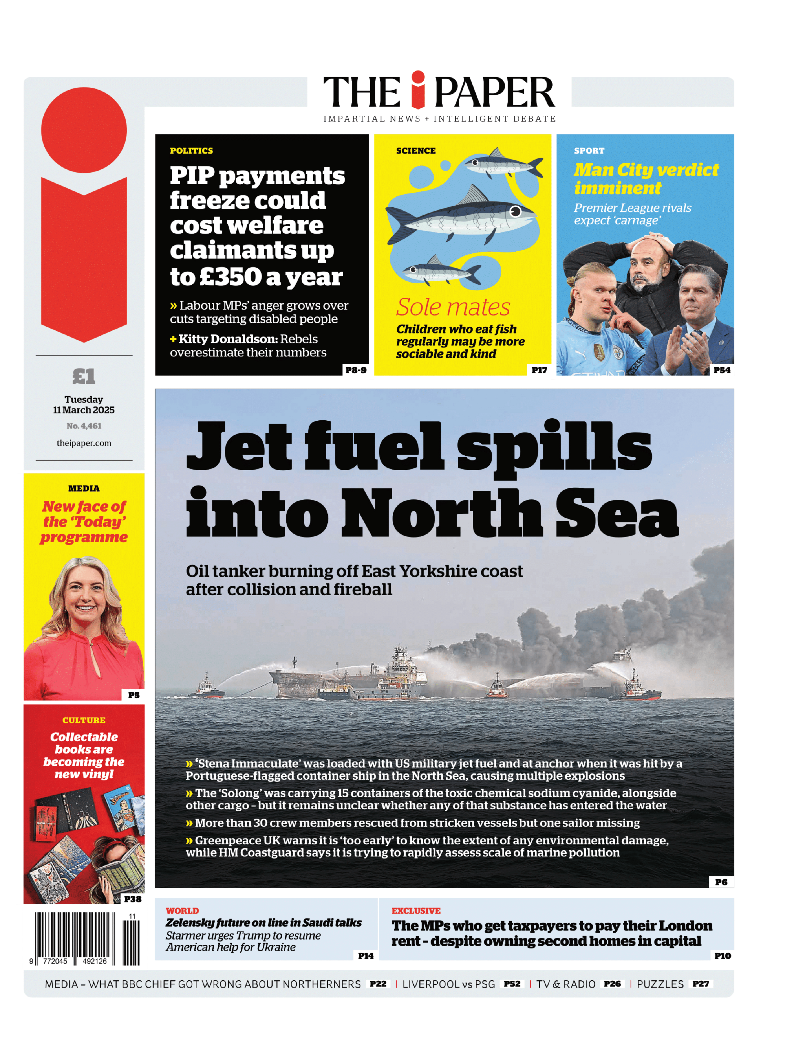 A huge image of the firefighting rescue effort in the North Sea is splashed on the front of the i paper