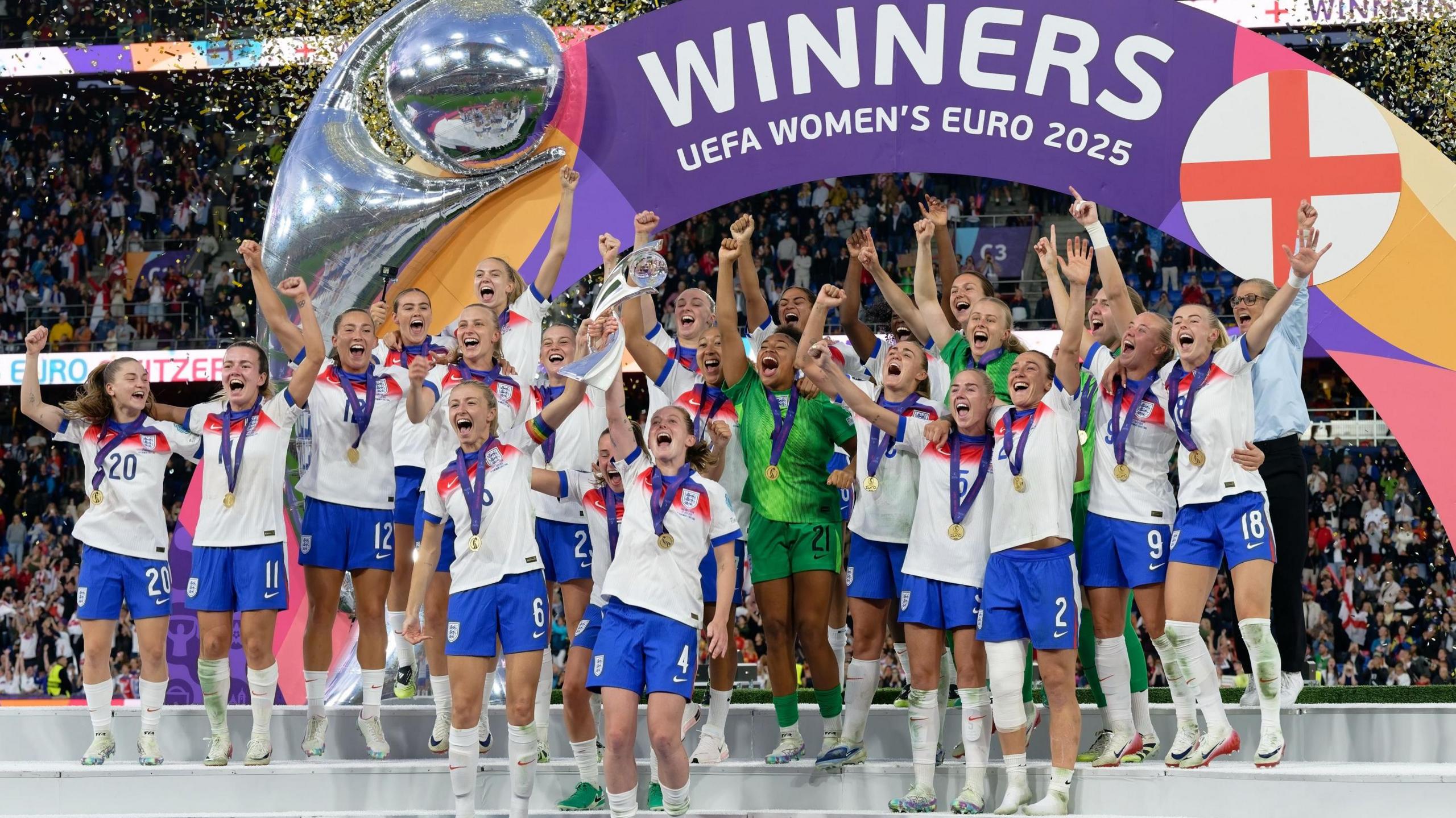 England celebrate winning the Euro 2025 title after beating Spain in the final