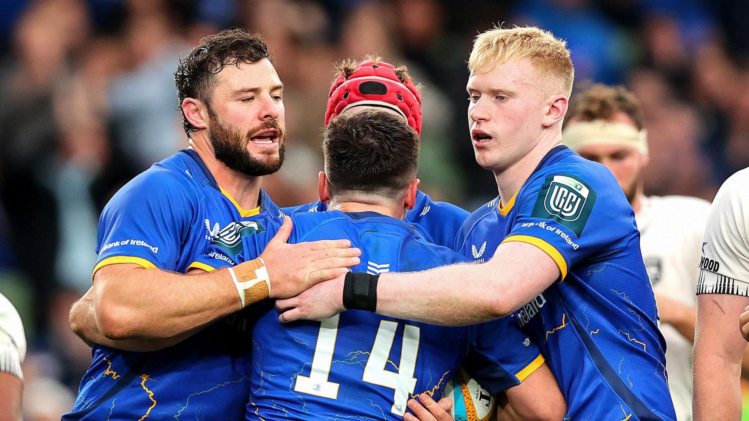 Leinster players celebrate Jimmy O'Brien's try