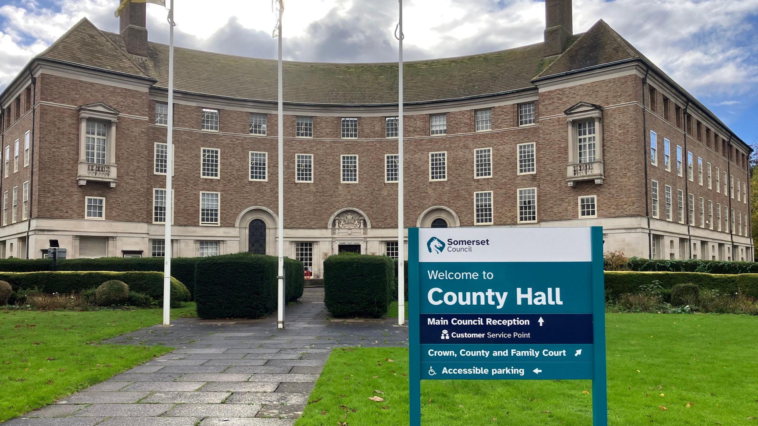 County Hall building in Taunton with Somerset Council sign