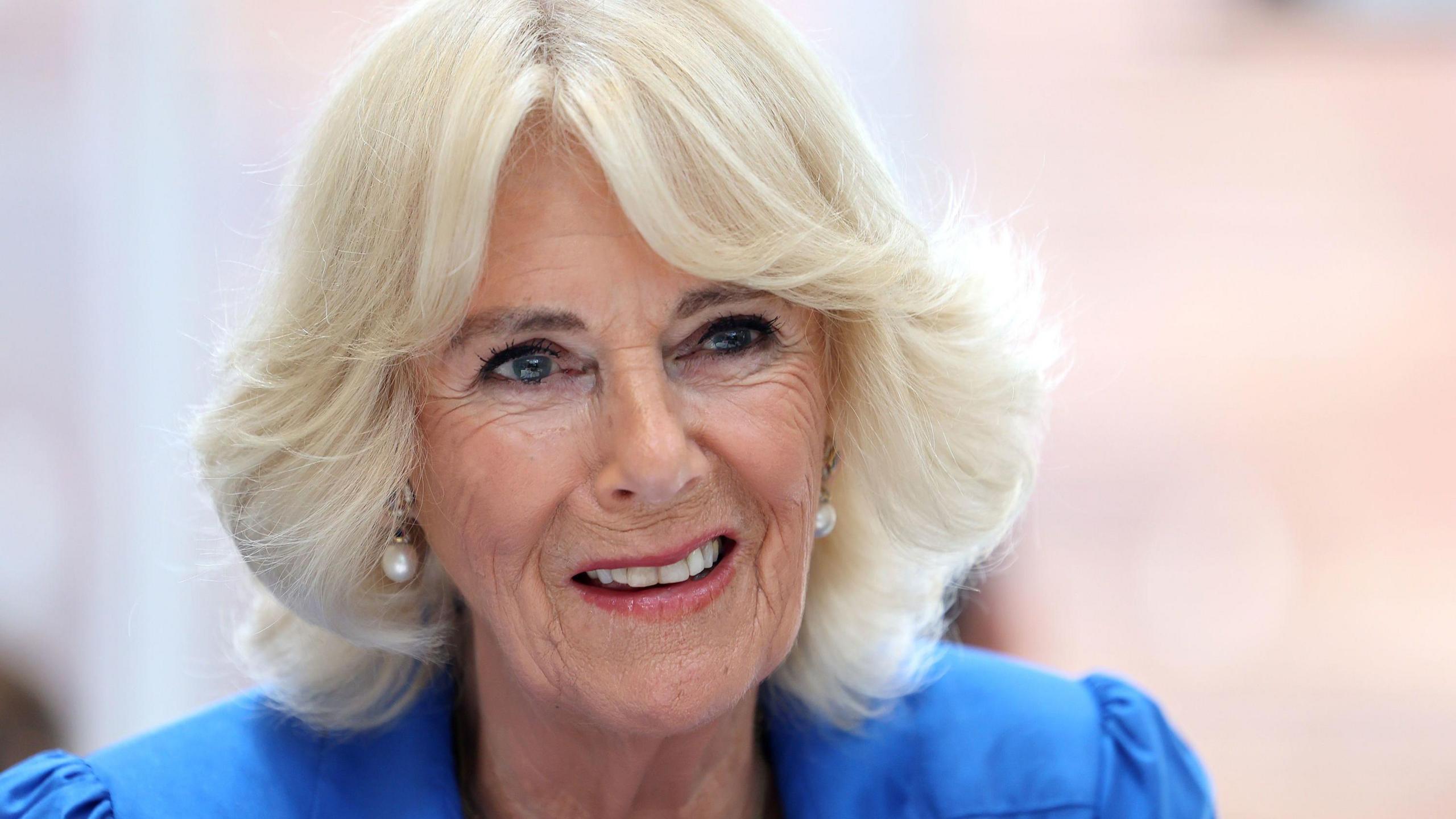 A close up of Camilla as she smiles at somebody. She's wearing a blue blouse