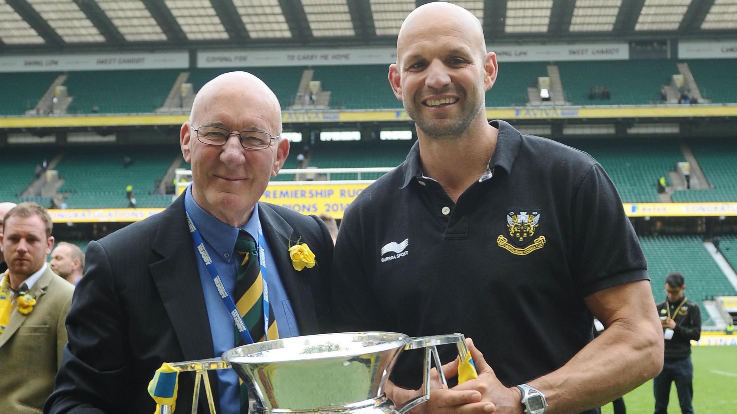 Keith Barwell and Jim Mallinder with the Premiership trophy