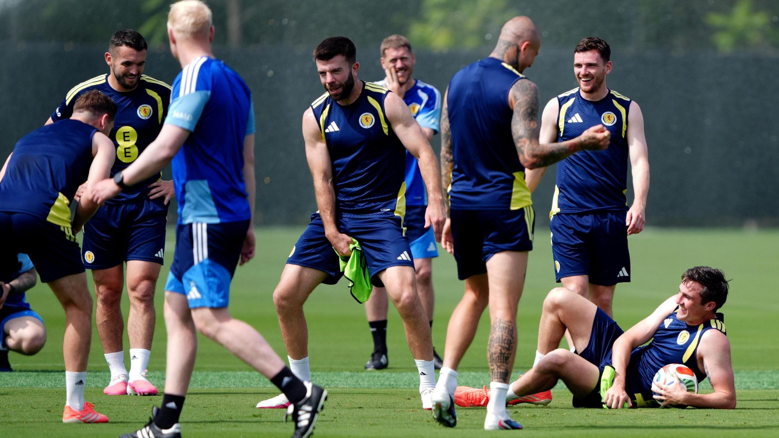 Scotland's John Souttar (on floor) during a training session at the Atrium Health Training Ground in Charlotte, North Carolina.