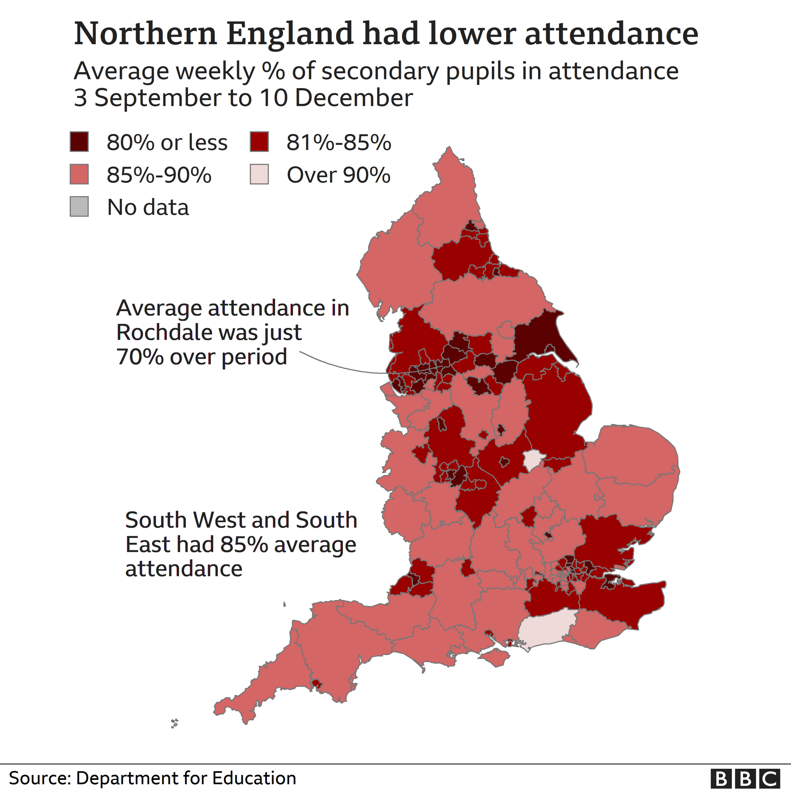 Map showing regional difference in school attendance