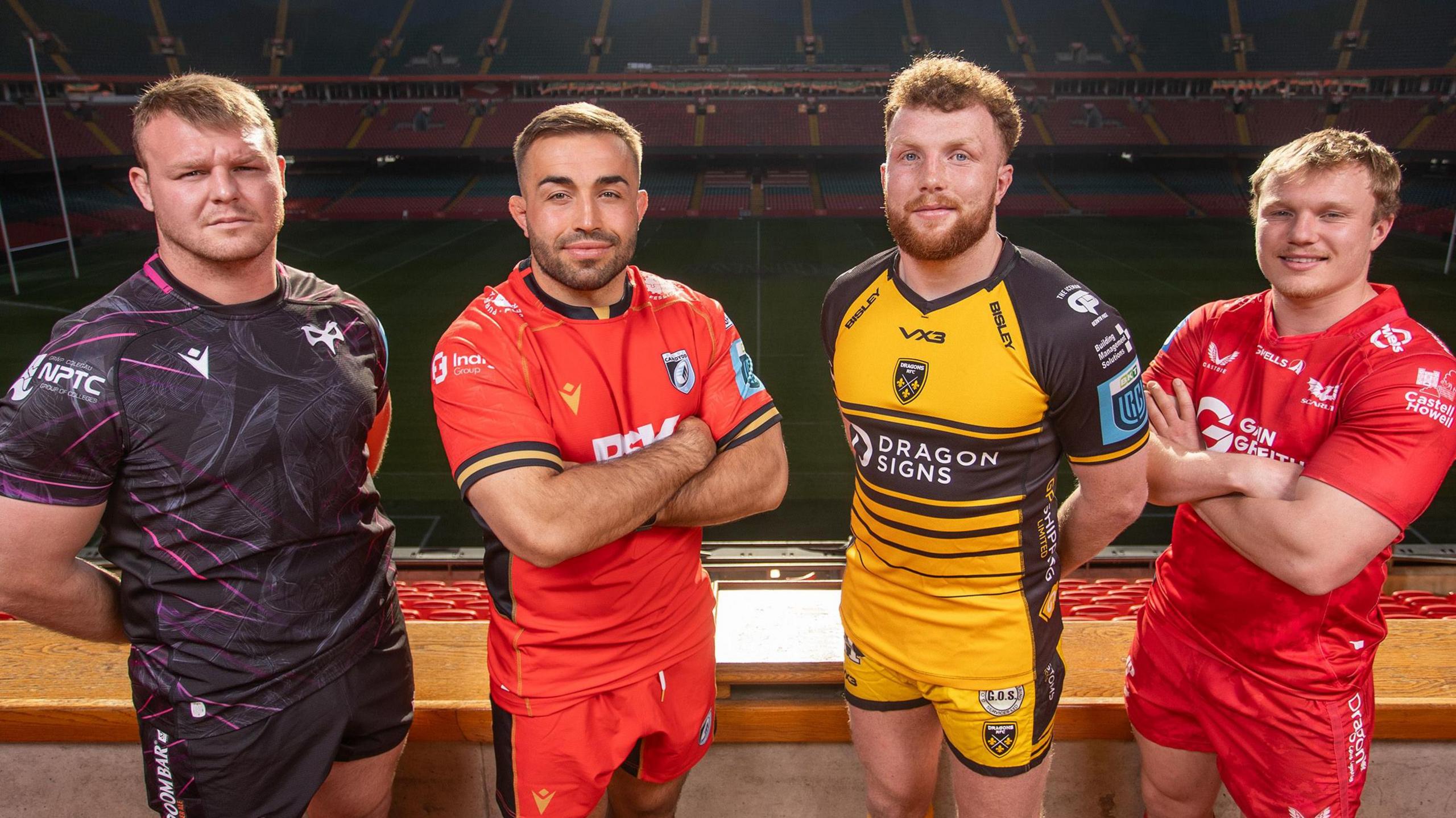 Ospreys' Dewi Lake, Cardiff's Liam Belcher, Dragons' Aneurin Owen and Scarlets' Blair Murray at Principality Stadium