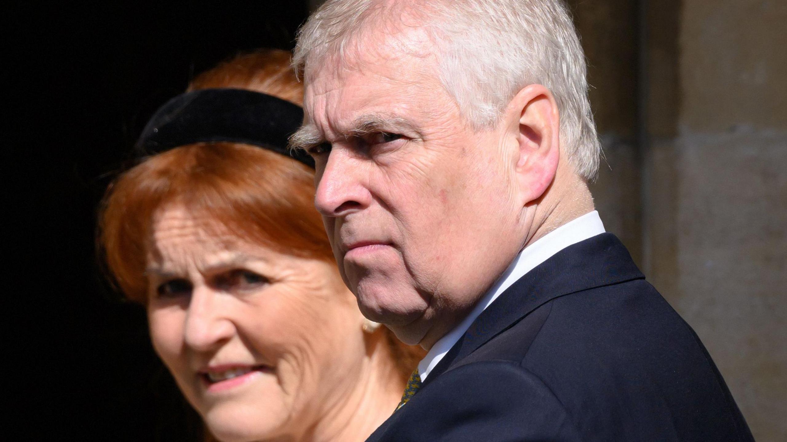 Sarah Ferguson wearing a black hairband, and Prince Andrew in a dark suit pictured on April 20, 2025 in Windsor, England