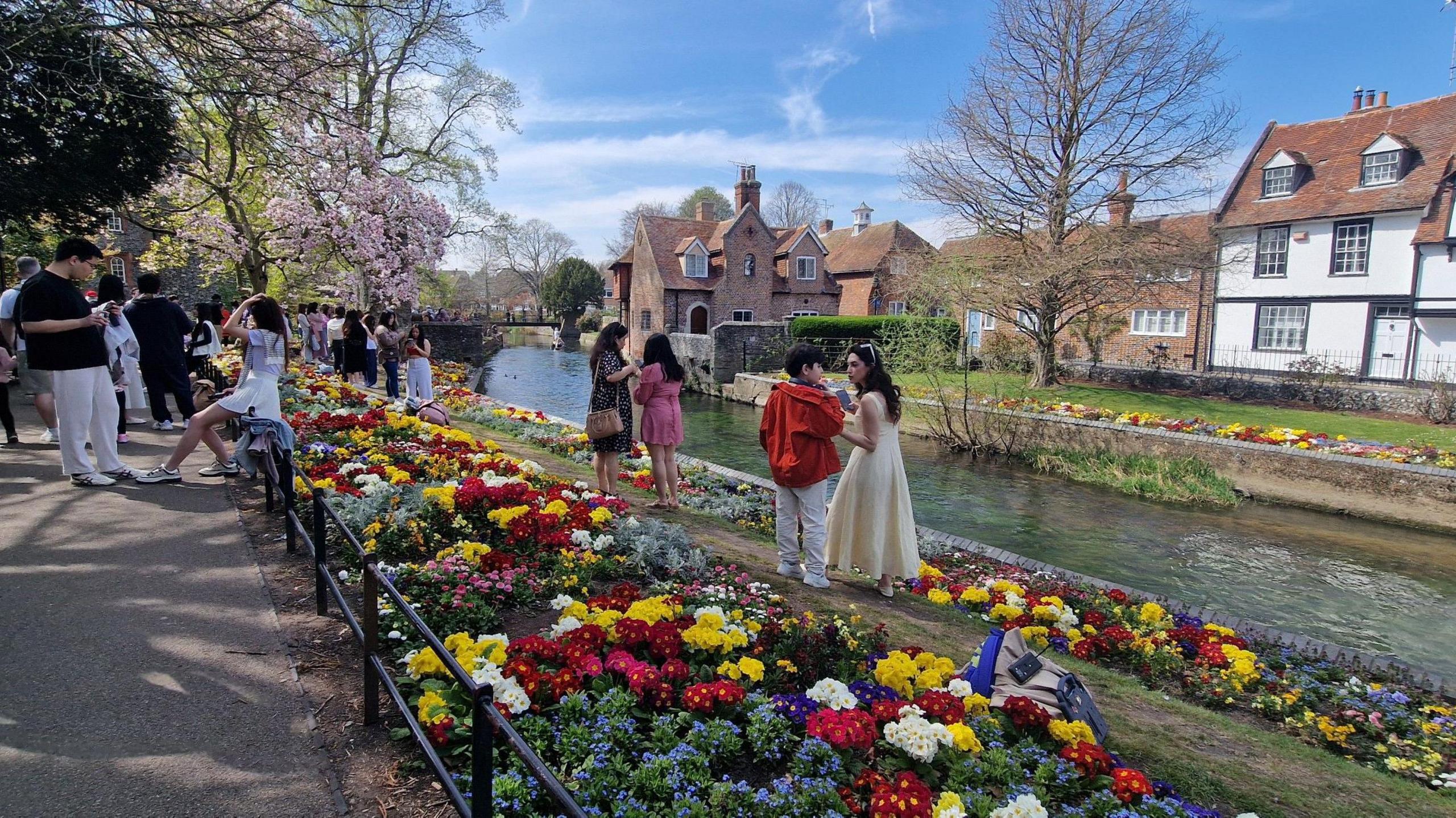 A long view of the flower beds, with scores of people walking beside them and Westgate Towers in the background, and the River Stour beside it.