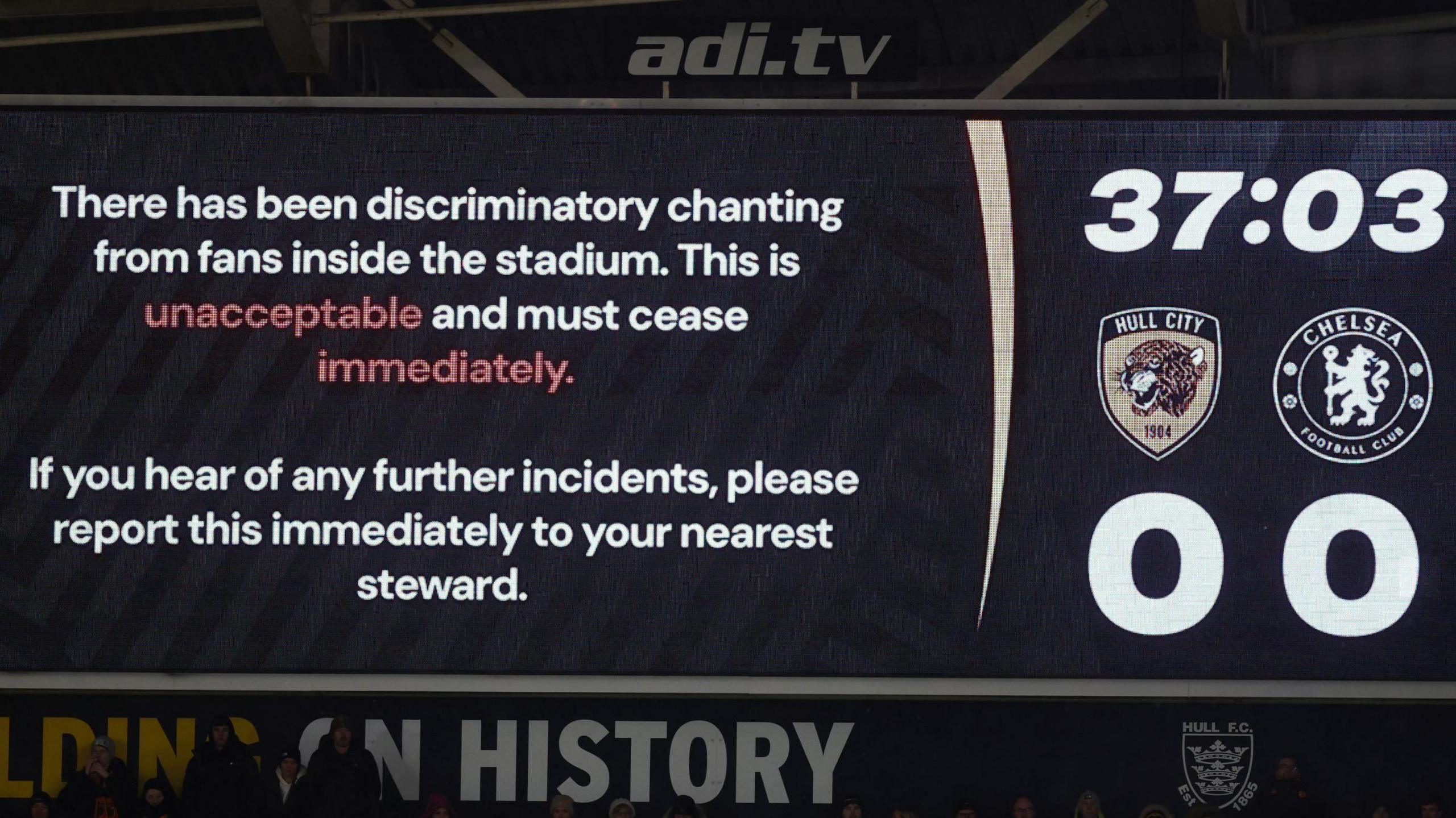 A message is shown at Hull City's stadium calling for discriminatory chanting to stop