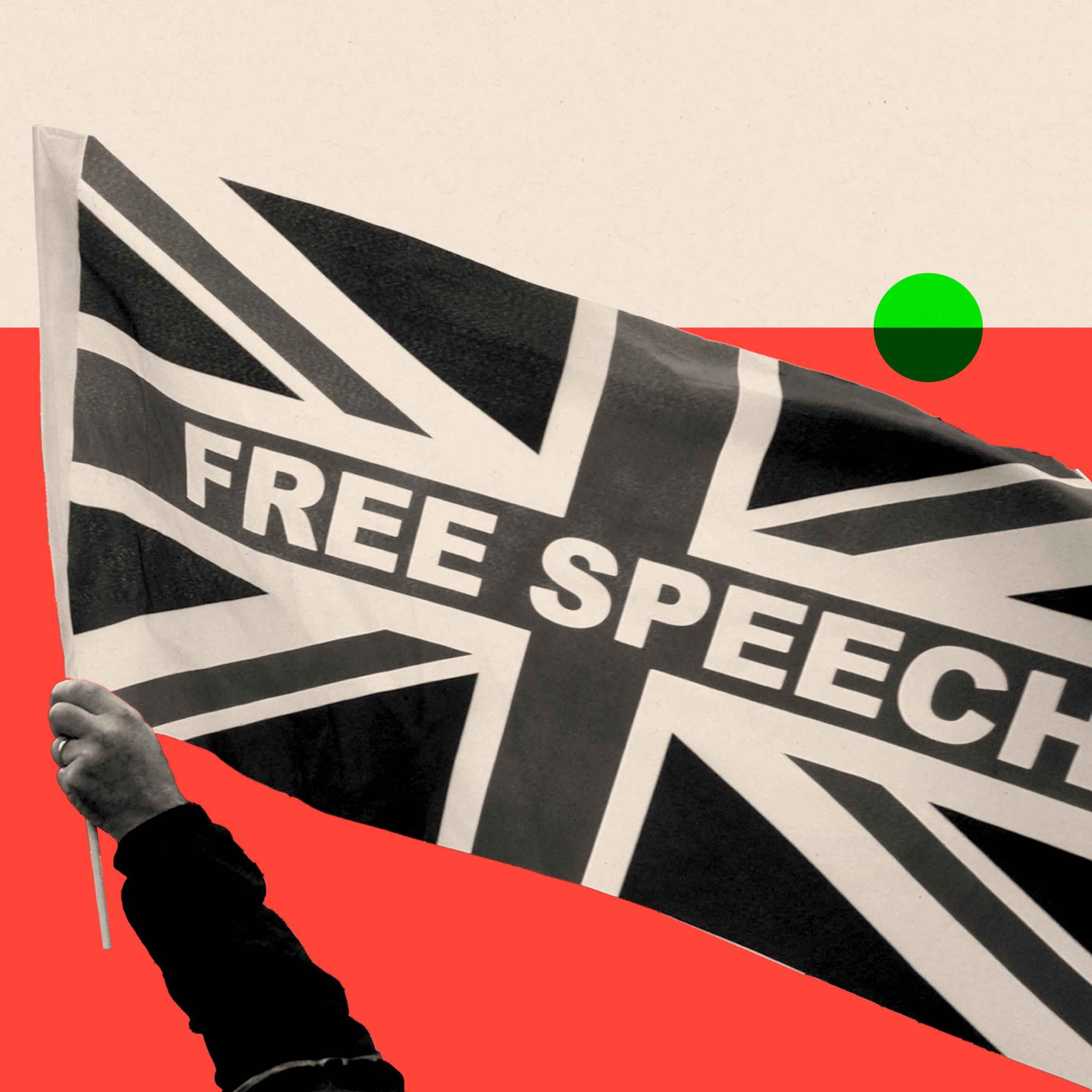 A treated image of a person holding a flag that reads: "free speech"