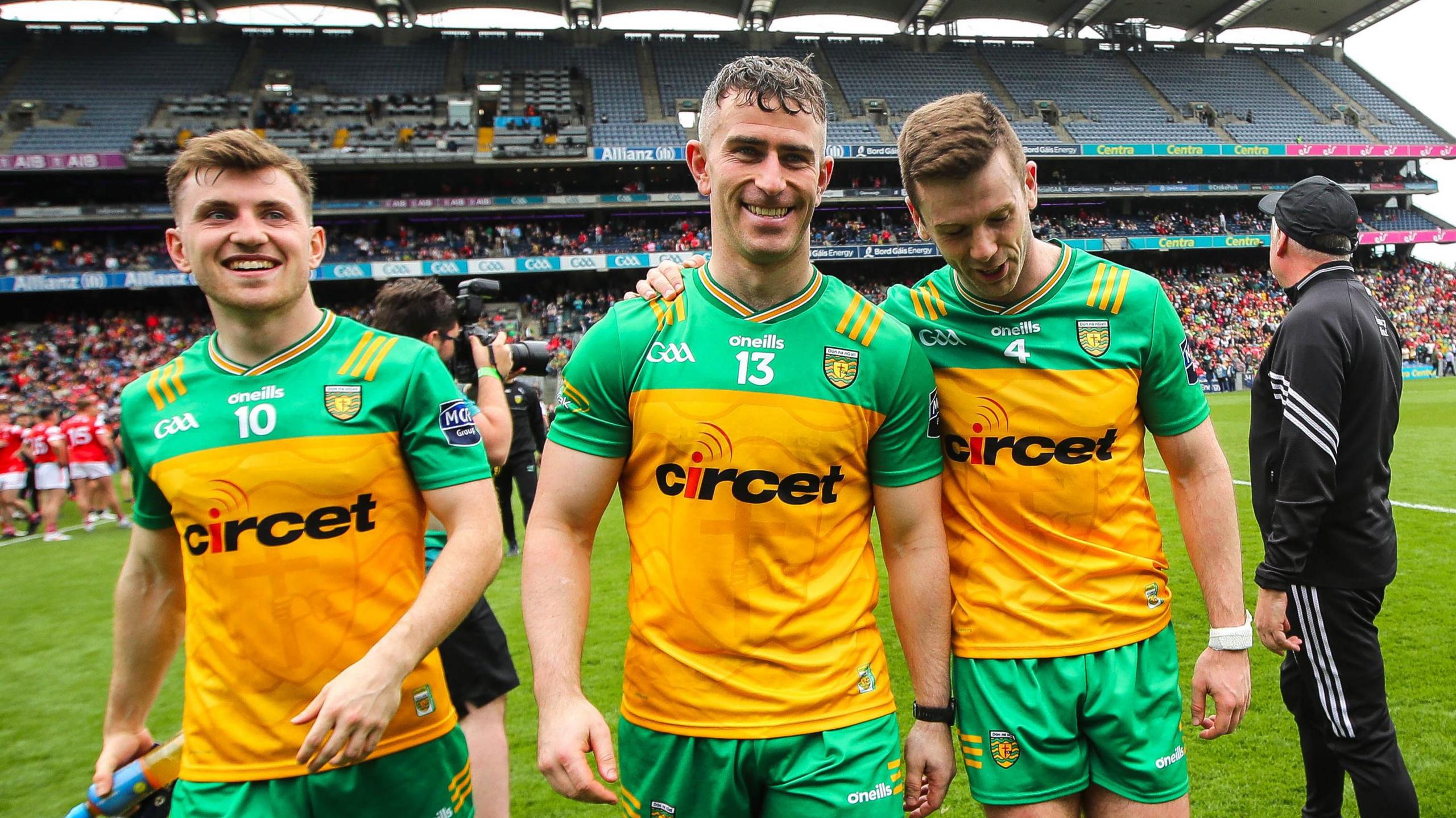 Donegal trio Shane O'Donnell, Patrick McBrearty and Eoghan Ban Gallagher celebrate after Sunday's win over Louth