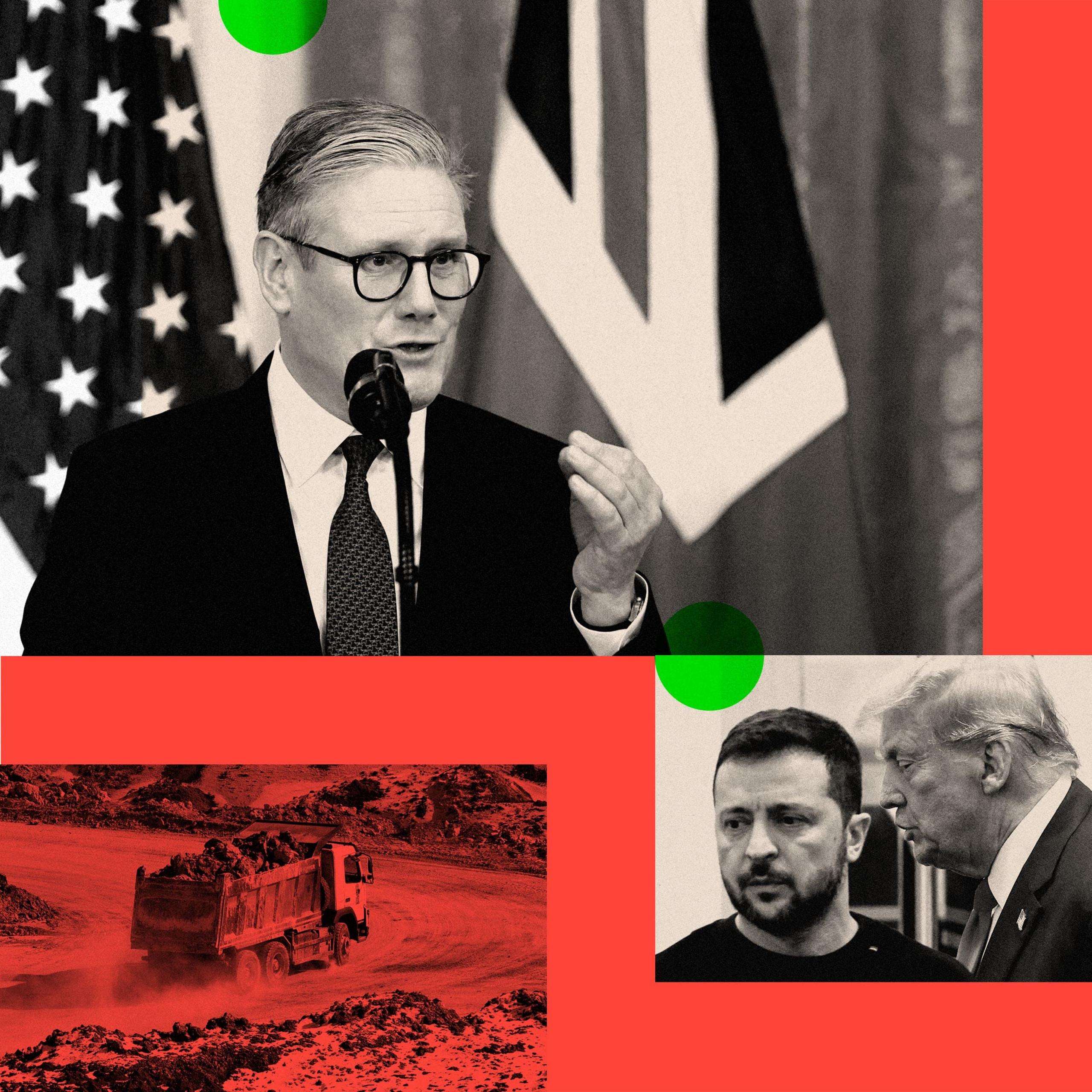 A collage featuring an image of Sir Keir Starmer, Donald Trump, Volodymyr Zelenskyy and a military truck 