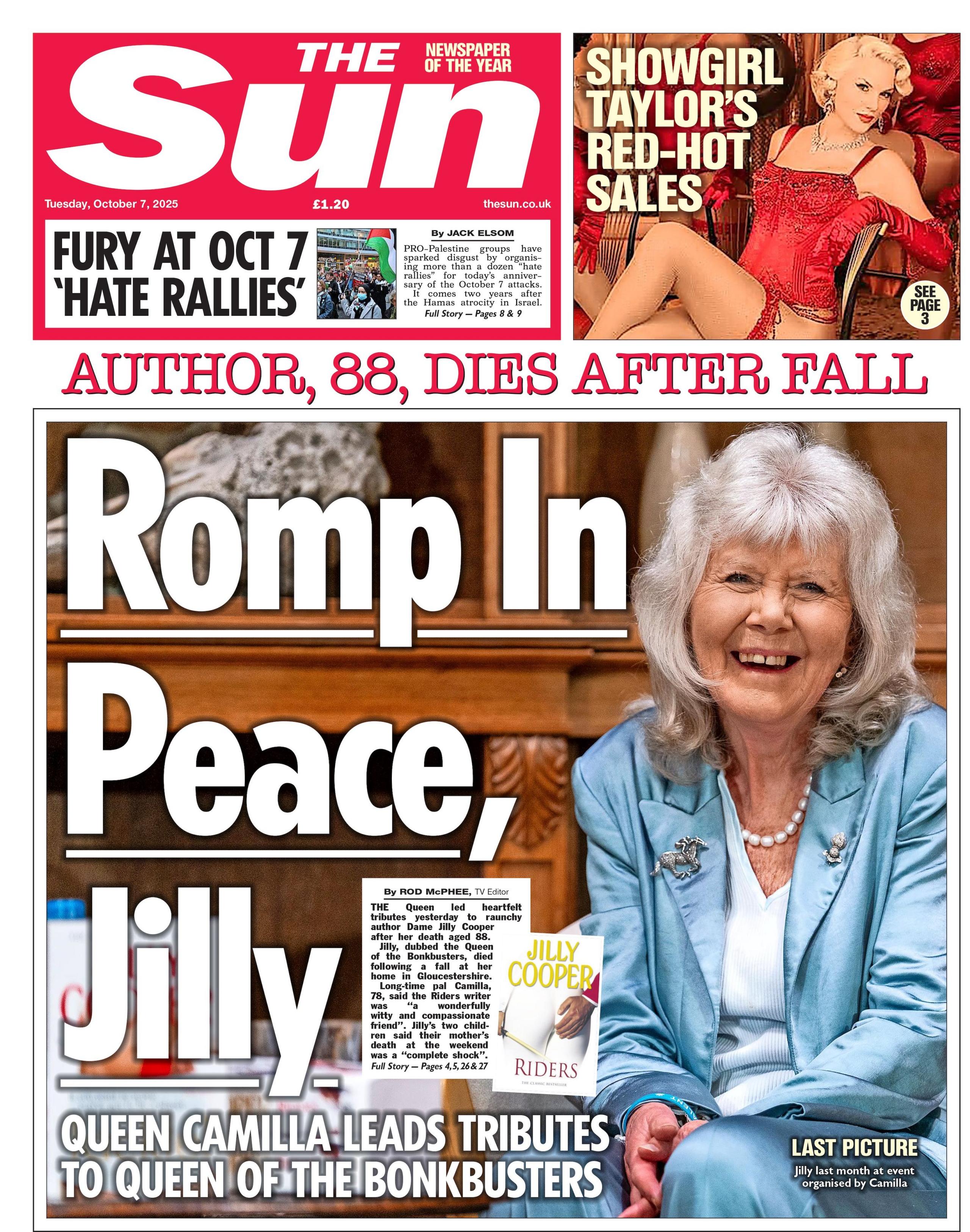 "Romp in Peace, Jilly" reads the headline on the front page of The Sun.