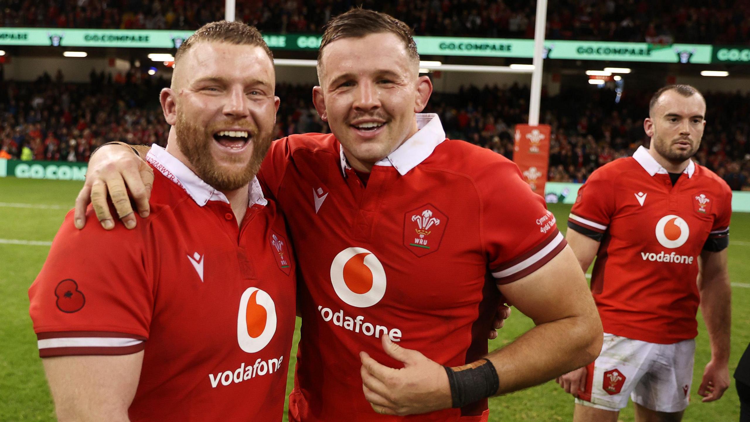 Lloyd Fairbrother (left) with Dragons team-mate Elliot Dee after Wales' victory in the uncapped match against Barbarians 