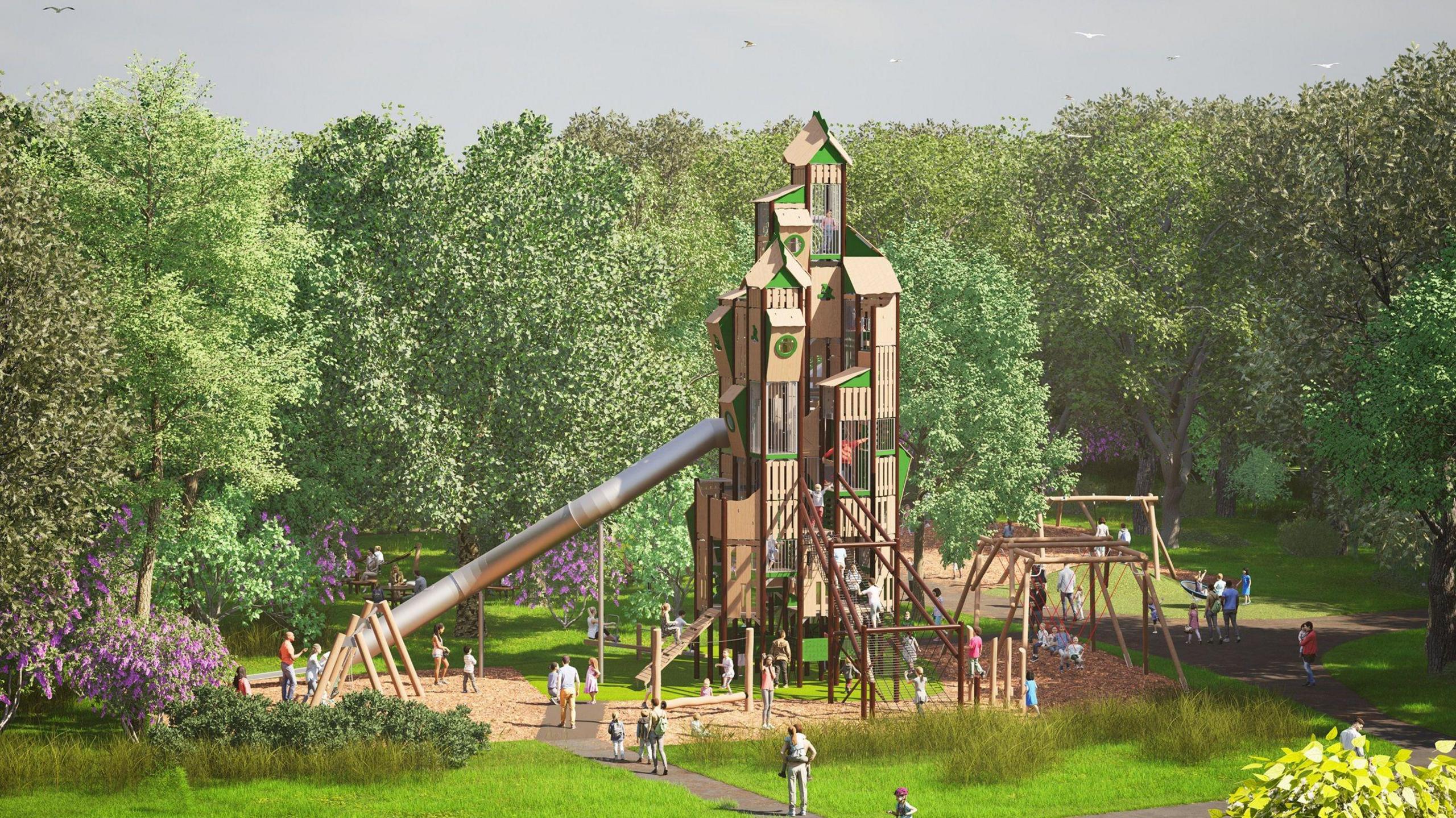 A CGI of how the new park will look. The image shows a full picture of the tall tower. Behind it are swings and other play equipment, nestled among tall trees.