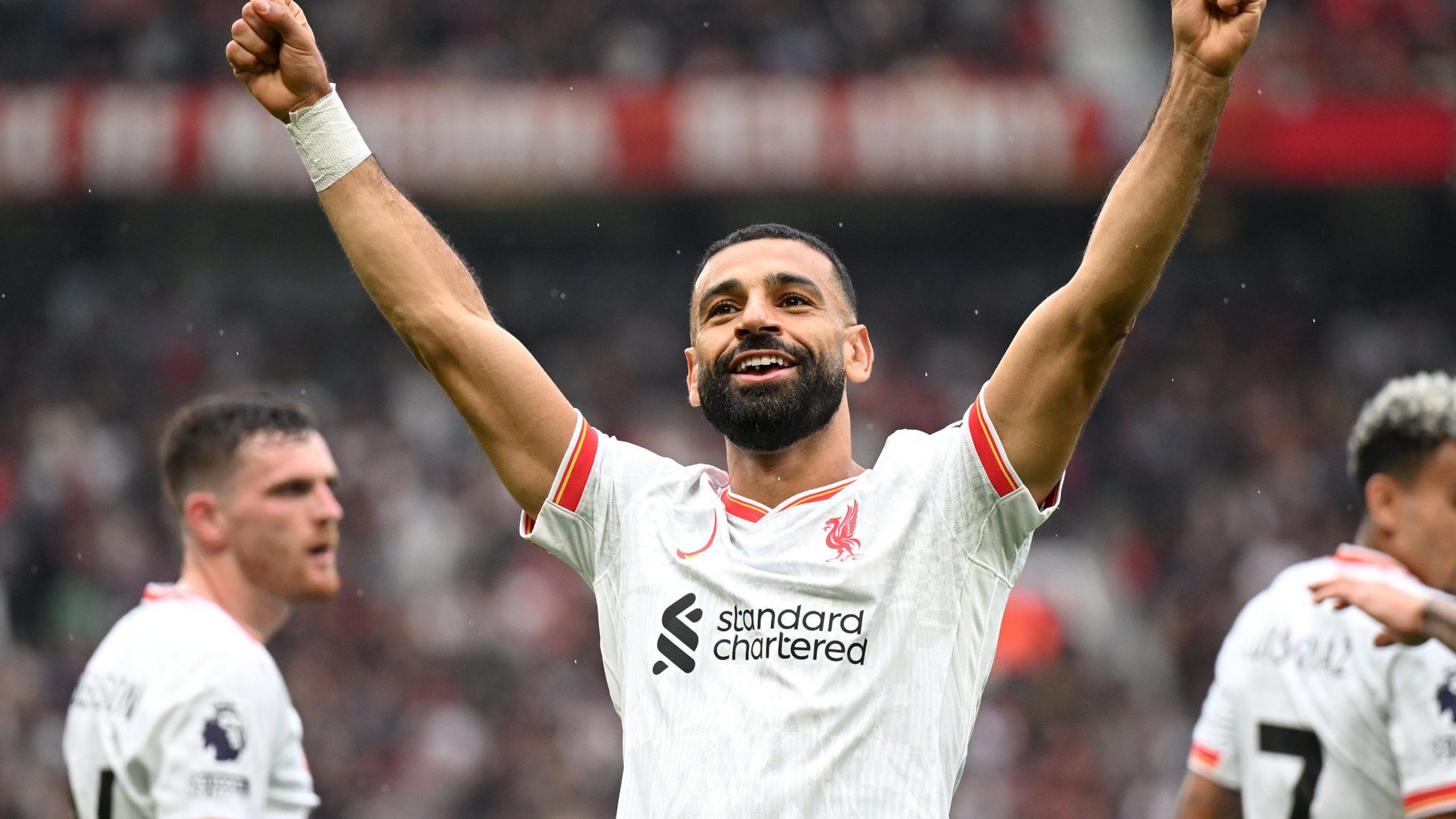 Mohamed Salah celebrates scoring for Liverpool at Old Trafford