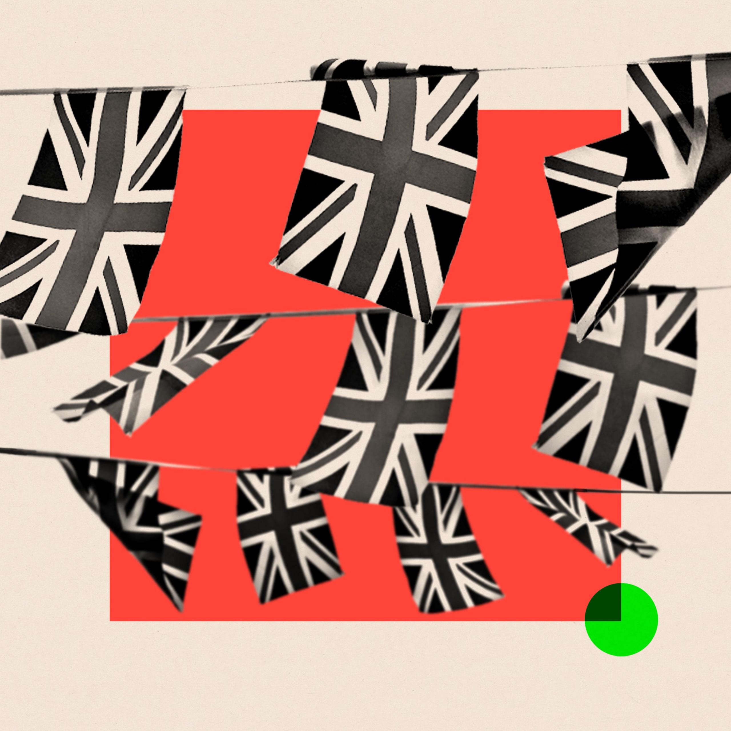 Rows of Union Jack flags on a red background