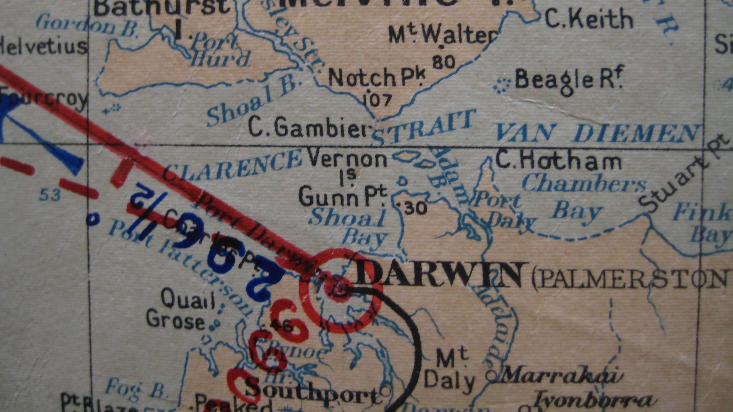 A section of the map shows Darwen and has red and blue ink showing the route Amy Johnson took as well as compass bearings