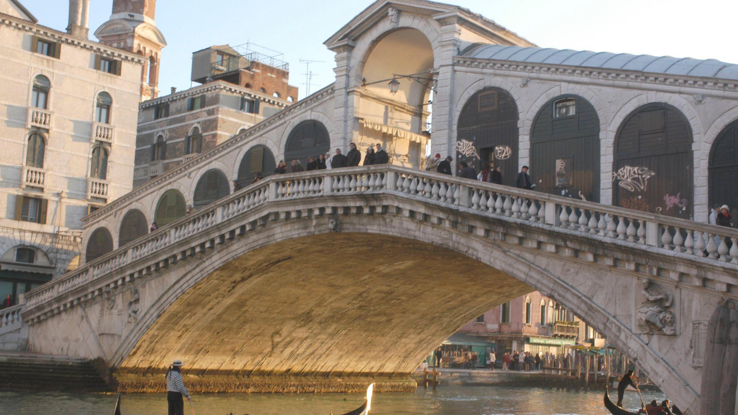 The arched Rialto Bridge over the Grand Canal in Venice
