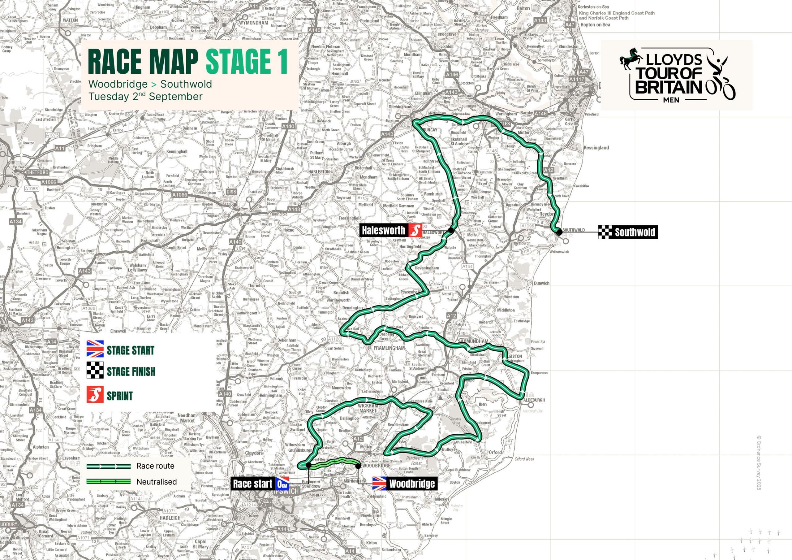 A map of East Suffolk and a green line that shows the route the cycling event will pass through.