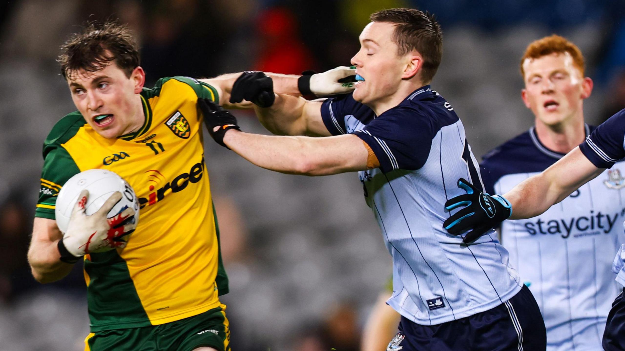 Donegal's Shane O'Donnell is challenged by Dublin's Con O'Callaghan when the sides met during the 2026 National League 