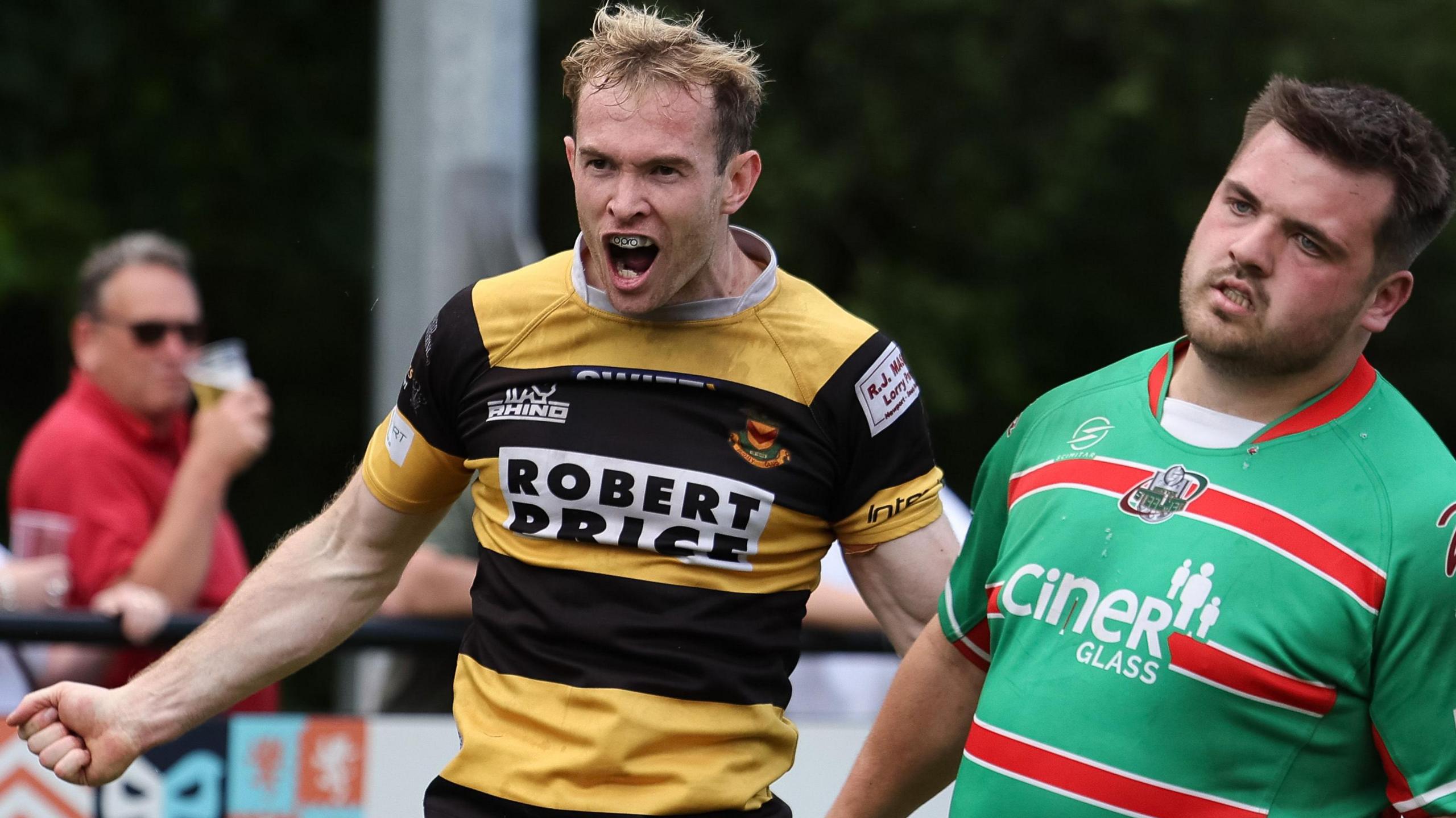 Carwyn Penny of Newport celebrates after scoring one of Newport's tries at Ebbw Vale