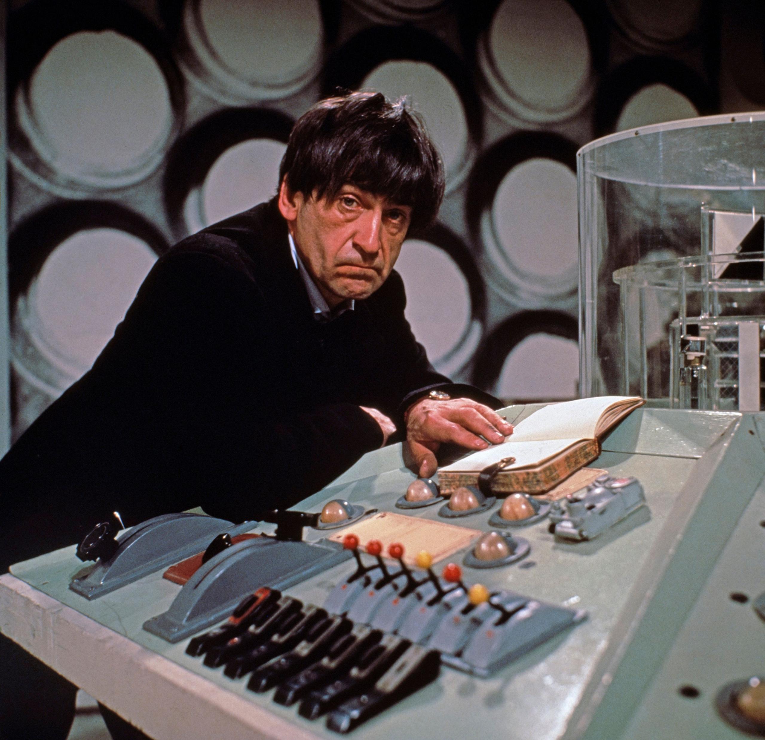 Patrick Troughton (The Second Doctor) at the console of his TARDIS (1966)