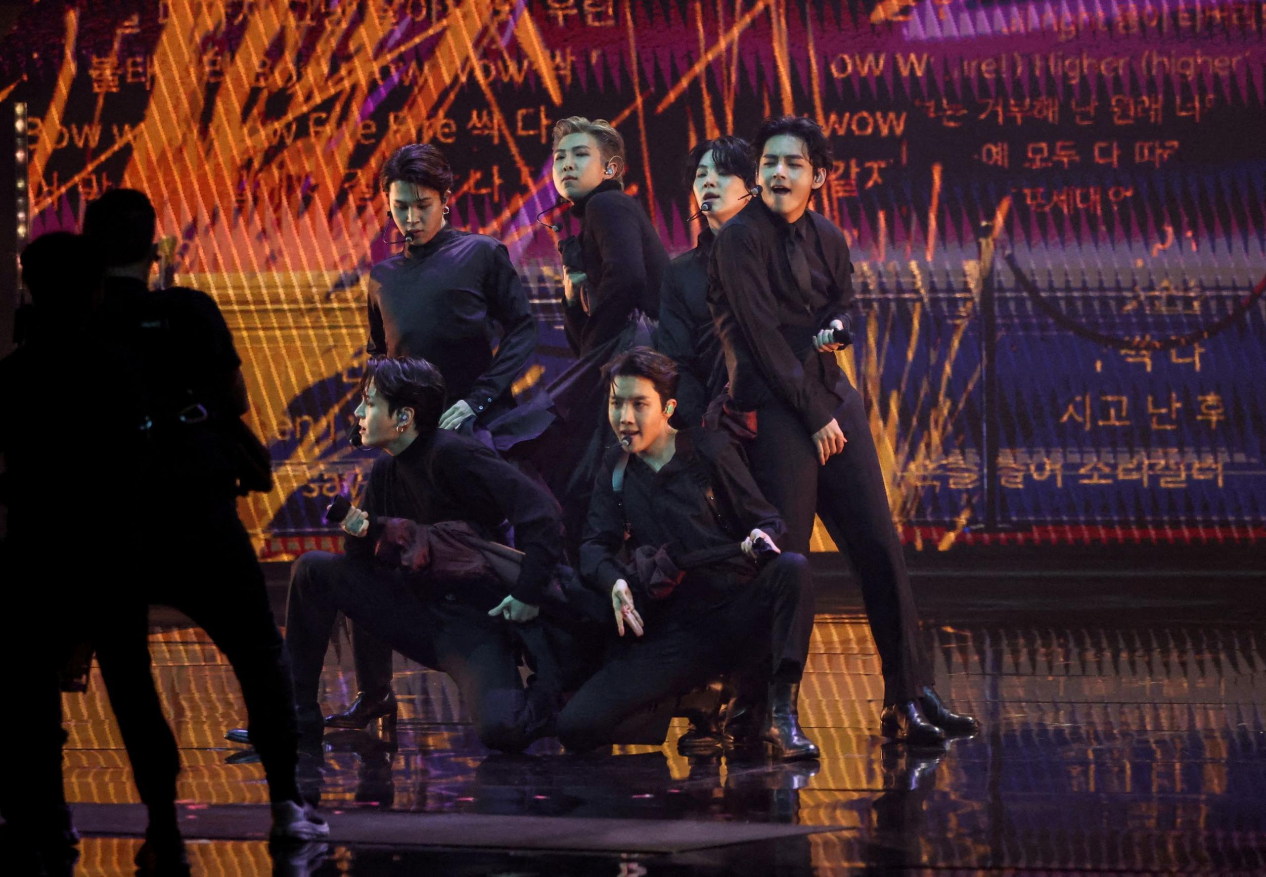 BTS perform during the 64th Annual Grammy Awards show in Las Vegas, Nevada, U.S. April 3, 2022. REUTERS/Mario Anzuo