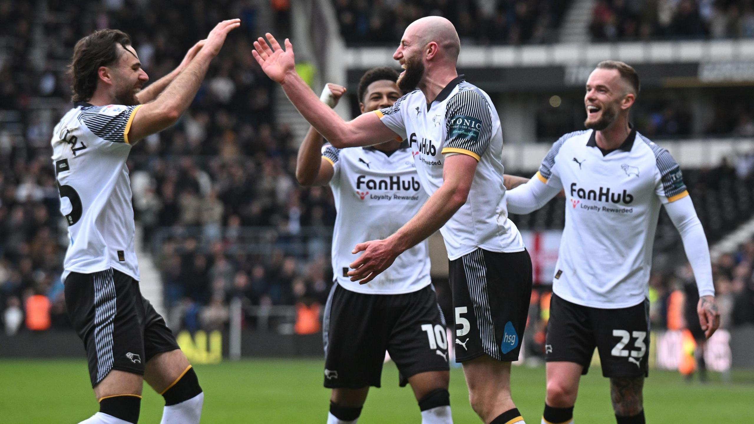 Matt Clarke celebrates scoring for Derby County