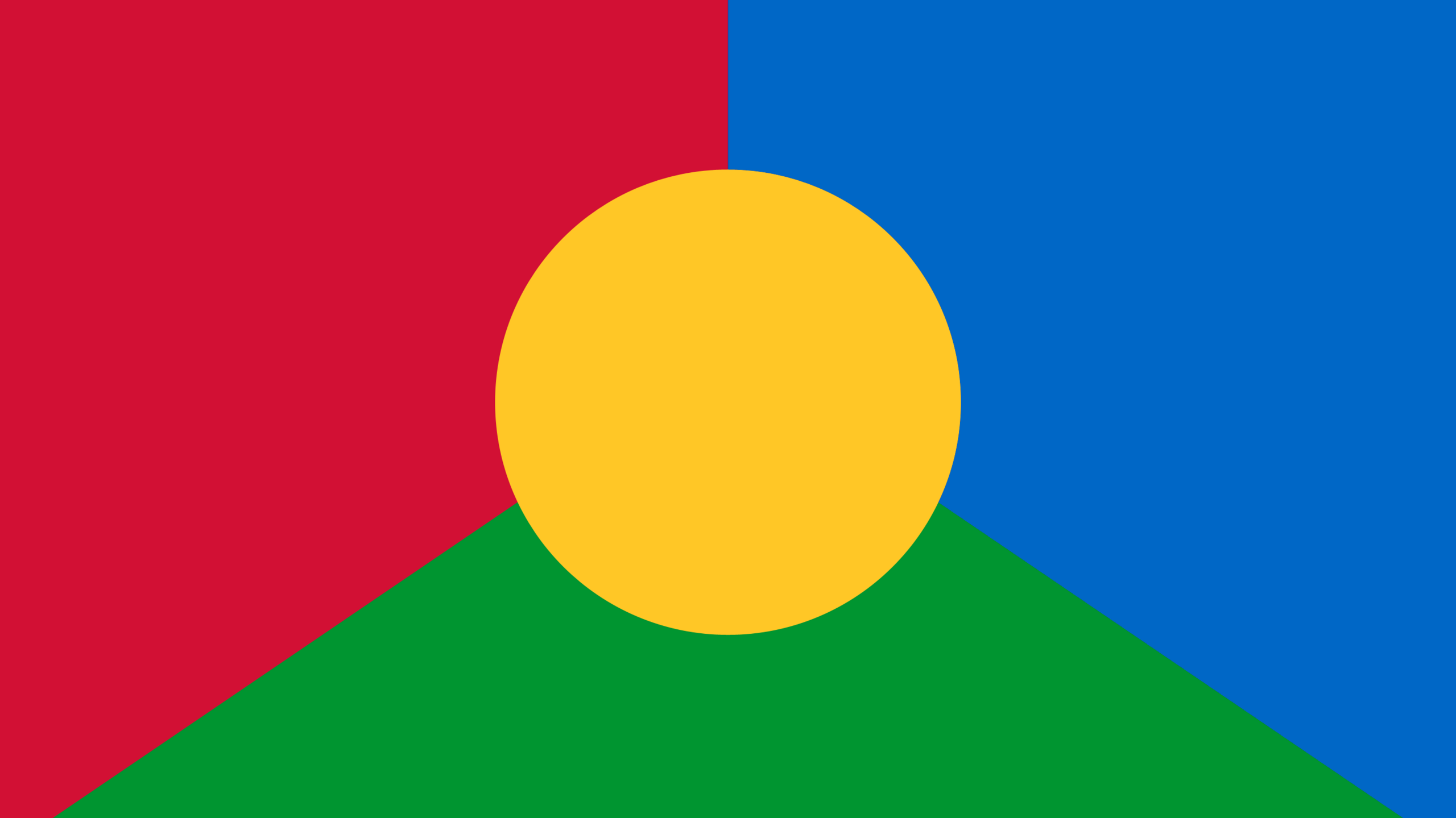 Split into three, there is a red area, a blue area and a green area with a golden circle sitting in the centre.
