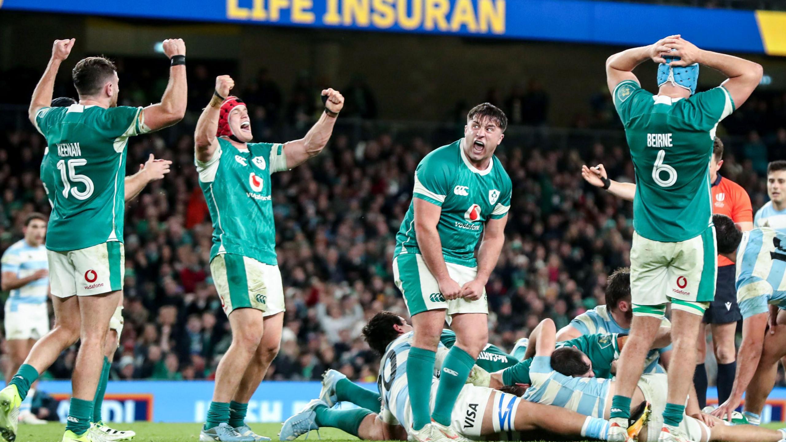 Ireland players celebrate at the final whistle