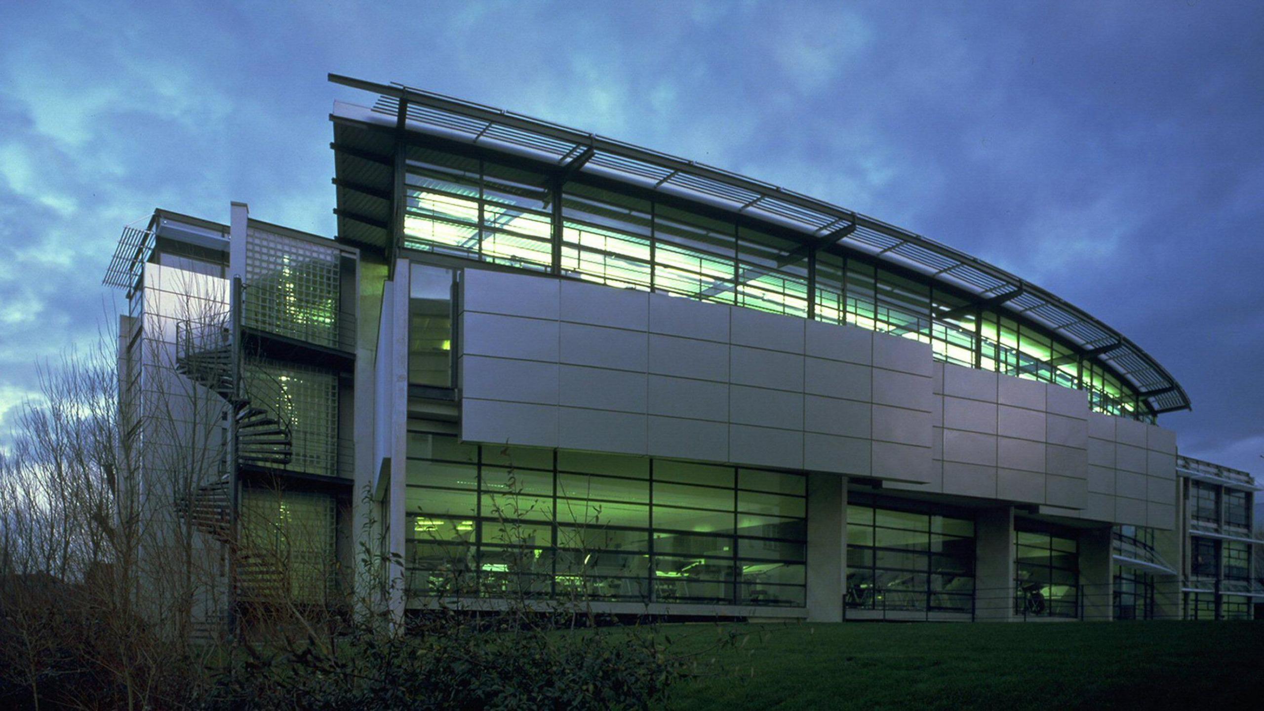 The glass and steel facade of the award winning Centenary Building in Salford University  