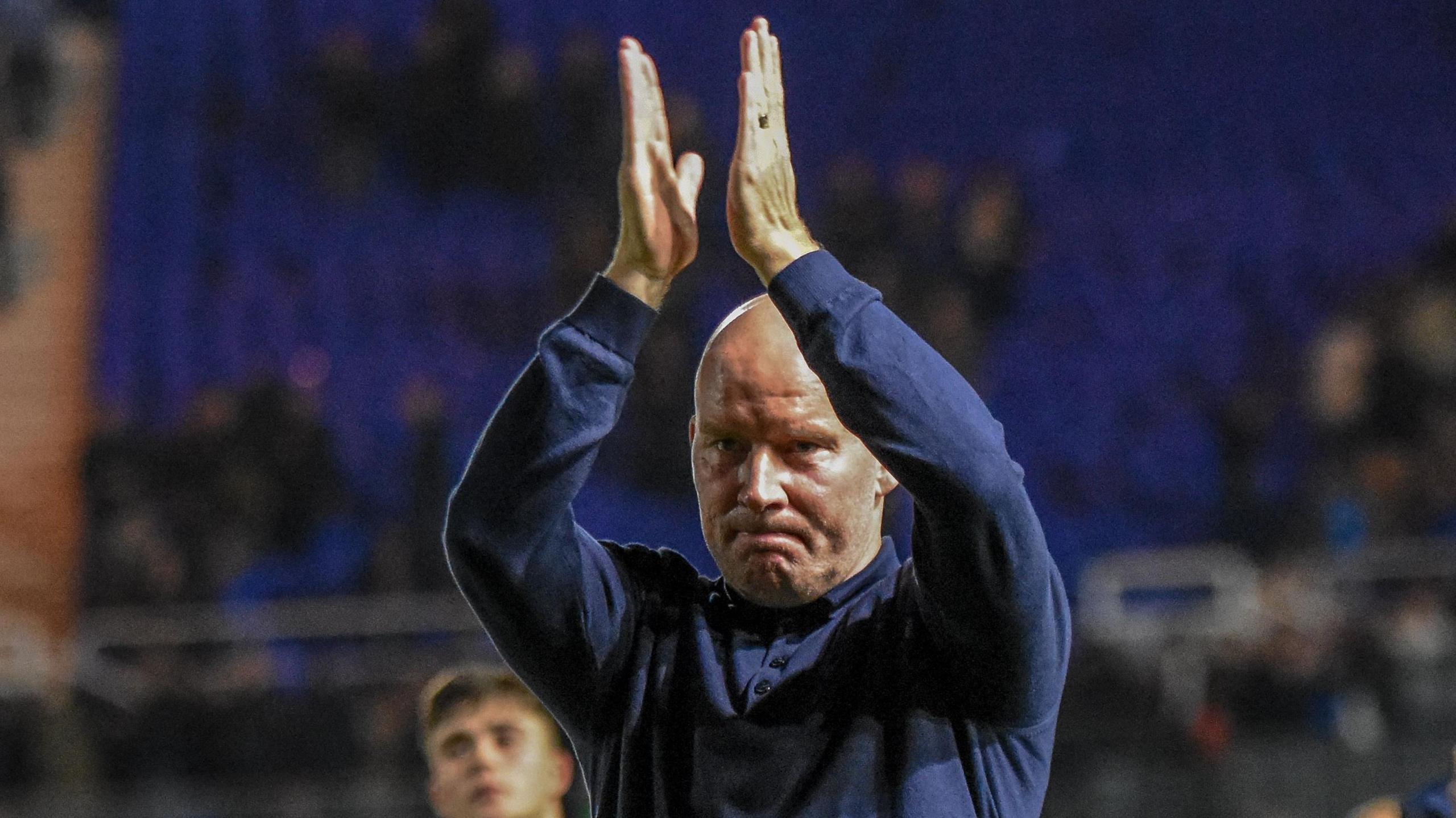 Sheffield Wednesday manager Henrik Pedersen applauds the away supporters at Birmingham City