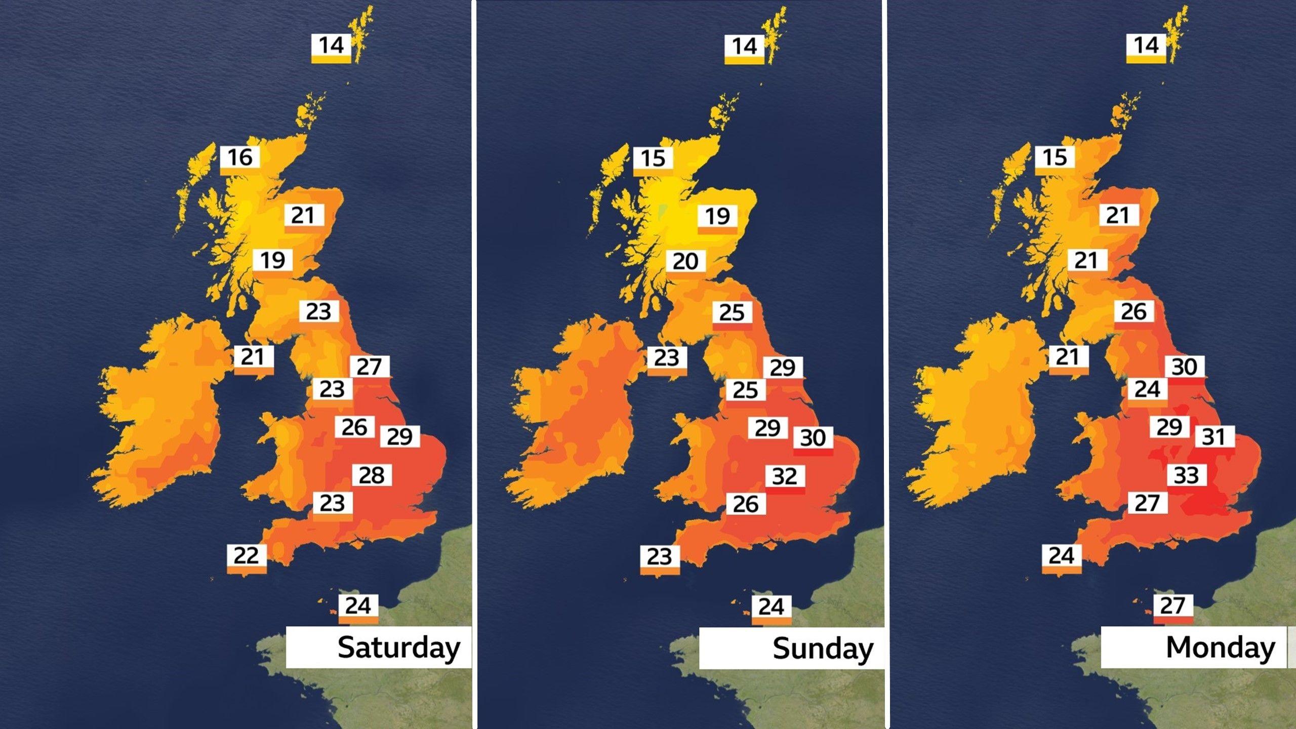 A map showing temperatures across the UK during the heatwave